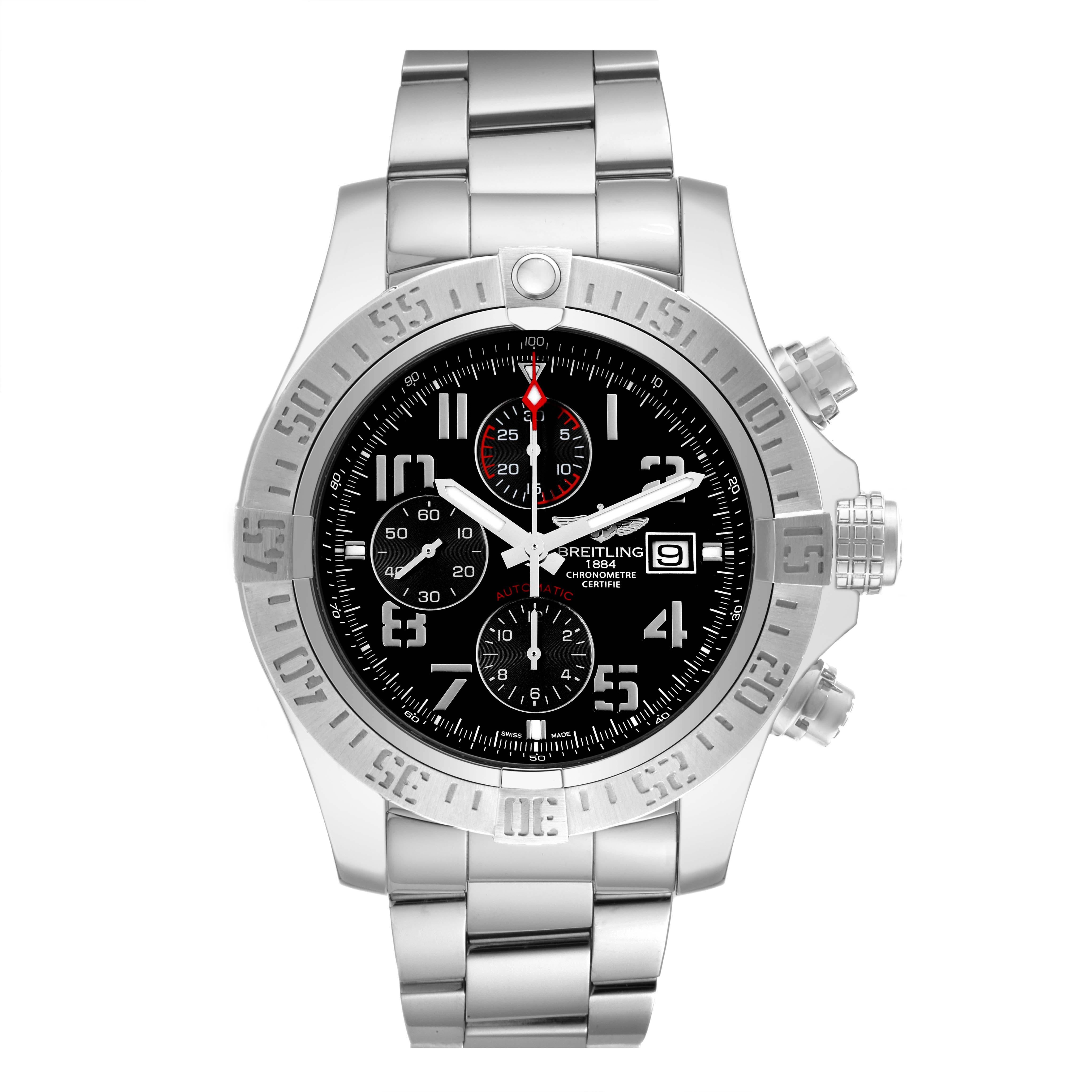 Breitling Aeromarine Super Avenger Steel Mens Watch A13371 Card. Automatic self-winding movement. Chronograph function. Stainless steel case 48 mm in diameter. Case thickness 17.75 mm. Stainless steel unidirectional rotating bezel. 0-60