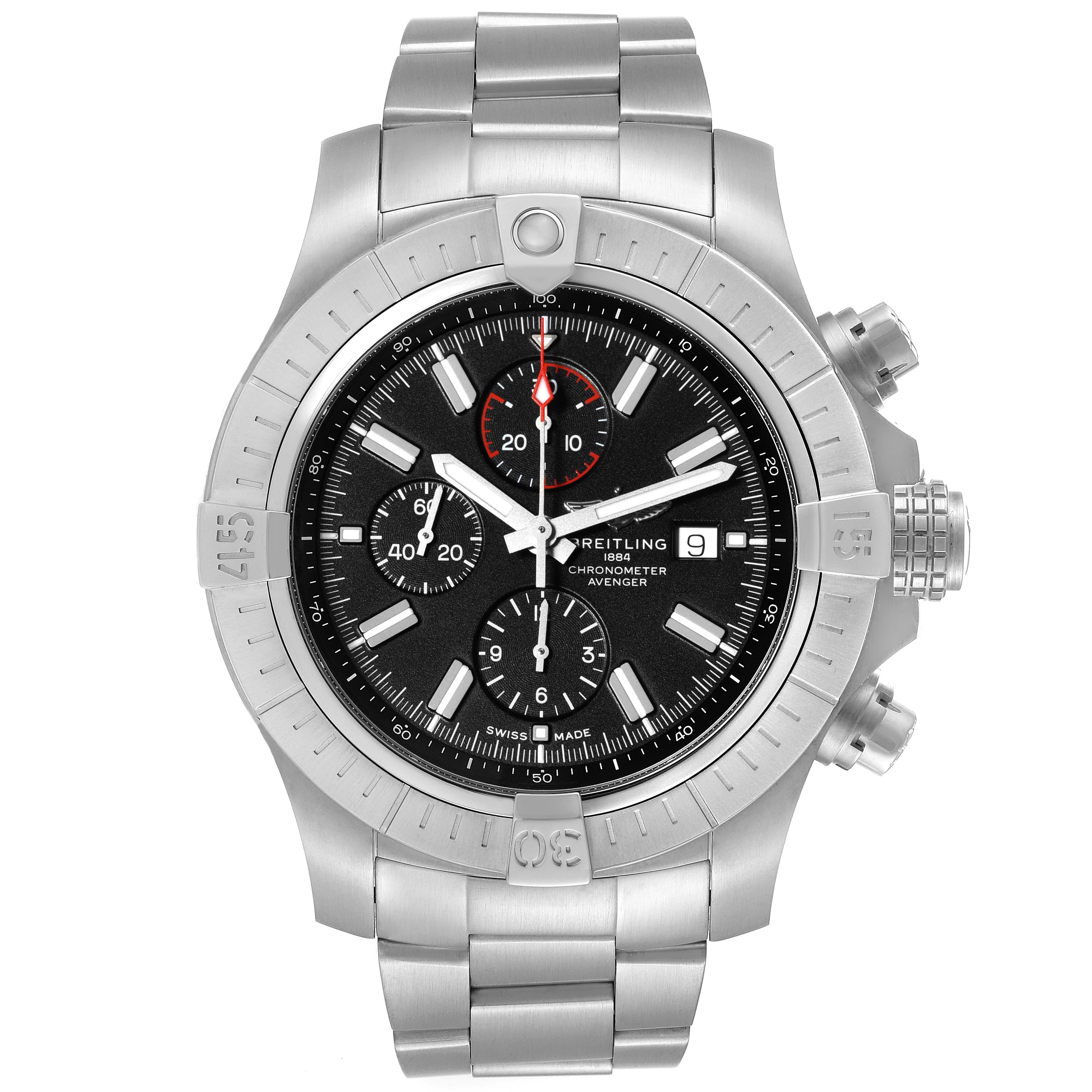 Breitling Aeromarine Super Avenger Steel Mens Watch A13375 Box Card. Automatic self-winding movement. Chronograph function. Stainless steel case 48 mm in diameter with screwed-locked crown and pushers. Case thickness 17.75 mm. Stainless steel