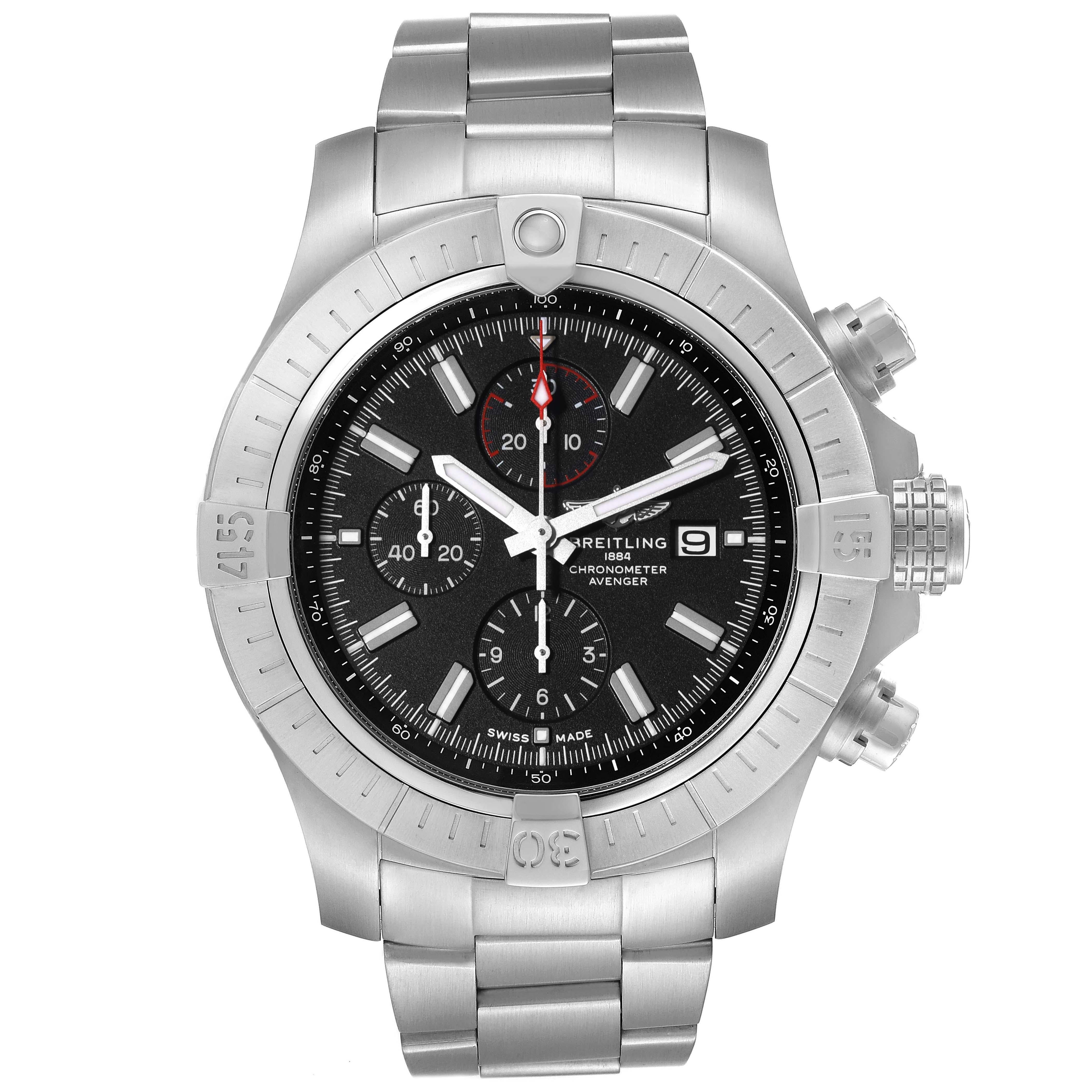 Breitling Aeromarine Super Avenger Steel Mens Watch A13375 Box Card. Automatic self-winding movement. Chronograph function. Stainless steel case 48 mm in diameter with screwed-locked crown and pushers. Case thickness 17.75 mm. Stainless steel