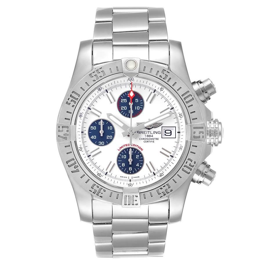 Breitling Aeromarine Super Avenger White Dial Mens Watch A13381. Automatic self-winding movement. Chronograph function. Stainless steel case 43 mm in diameter with screwed-down crown and pushers. Stainless steel  unidirectional rotating bezel. 0-60