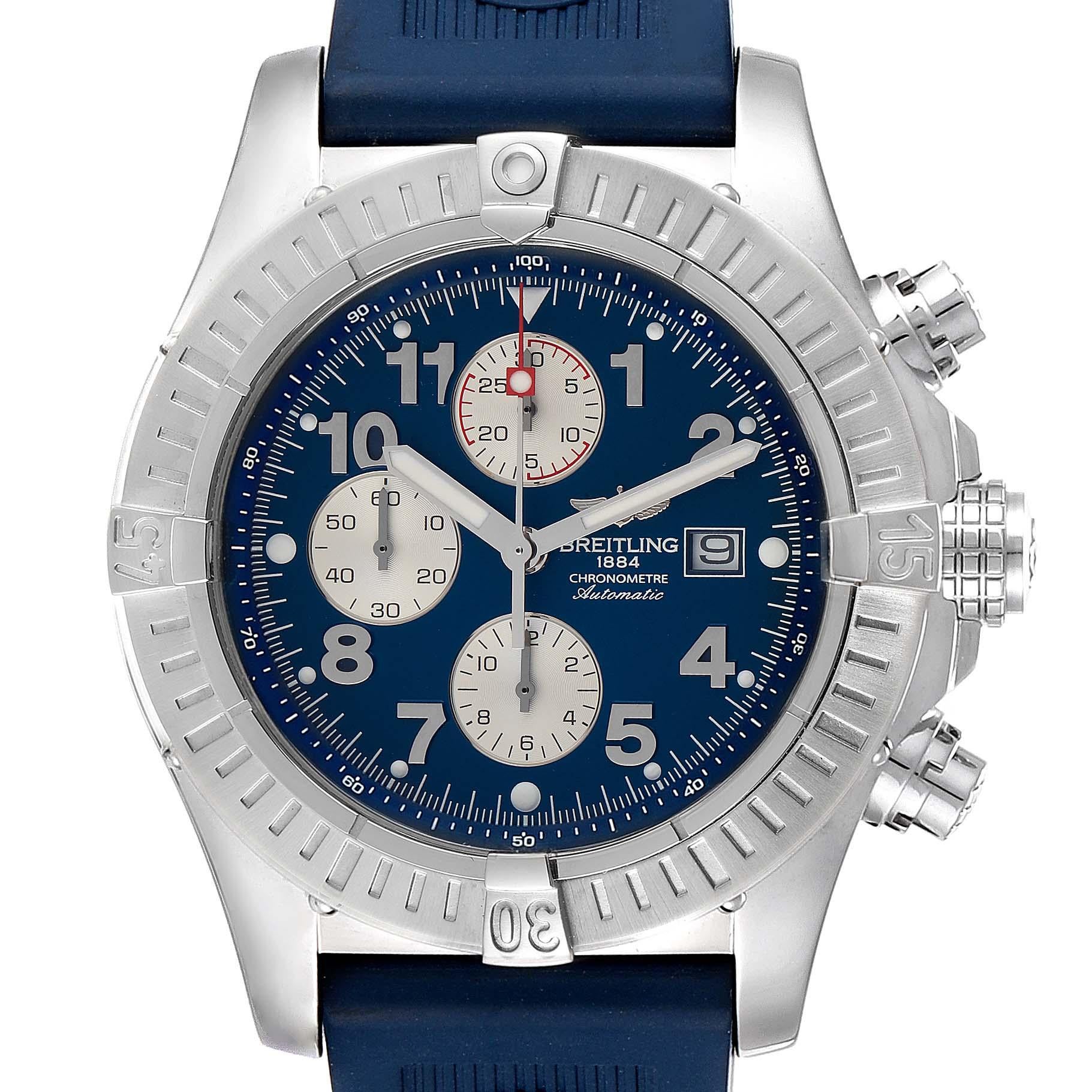 Breitling Aeromarine Super Avenger White Dial Rubber Strap Watch A13370. Automatic self-winding movement. Chronograph function. Stainless steel case 48.4 mm in diameter with screwed-locked crown and pushers. Stainless steel unidirectional rotating