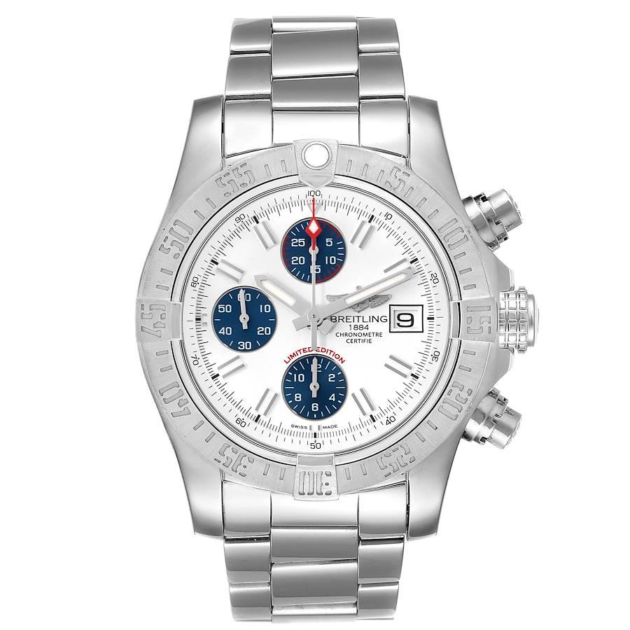 Breitling Aeromarine Super Avenger White Dial Steel Mens Watch A13381. Automatic self-winding movement. Chronograph function. Stainless steel case 43 mm in diameter with screwed-down crown and pushers. Stainless steel  unidirectional rotating bezel.