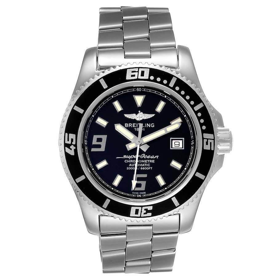 Breitling Aeromarine Superocean 44 Black Dial Steel Mens Watch A17391. Authomatic self-winding movement. Stainless steel case 44.0 mm in diameter. Stainless steel screwed-down crown and pushers. Black ion-plated unidirectional revolving bezel. 0-60