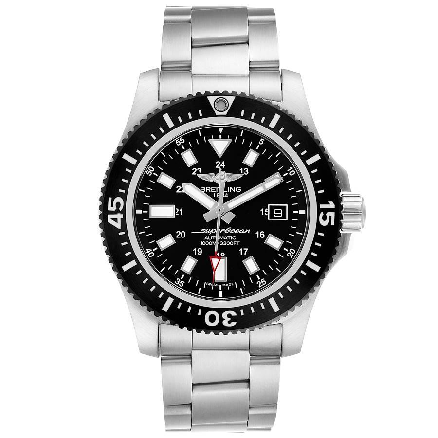 Breitling Aeromarine Superocean 44 Black Dial Watch Y17393 Box Papers. Automatic self-winding movement. Stainless steel case 44.0 mm in diameter. Stainless steel screwed-down crown and pushers. Black ceramic unidirectional revolving bezel. 0-60