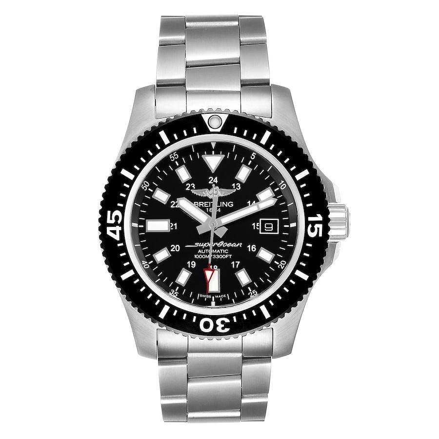 Breitling Aeromarine Superocean 44 Black Dial Watch Y17393 Box Papers. Automatic self-winding movement. Stainless steel case 44.0 mm in diameter. Stainless steel screwed-down crown and pushers. Black ceramic unidirectional revolving bezel. 0-60