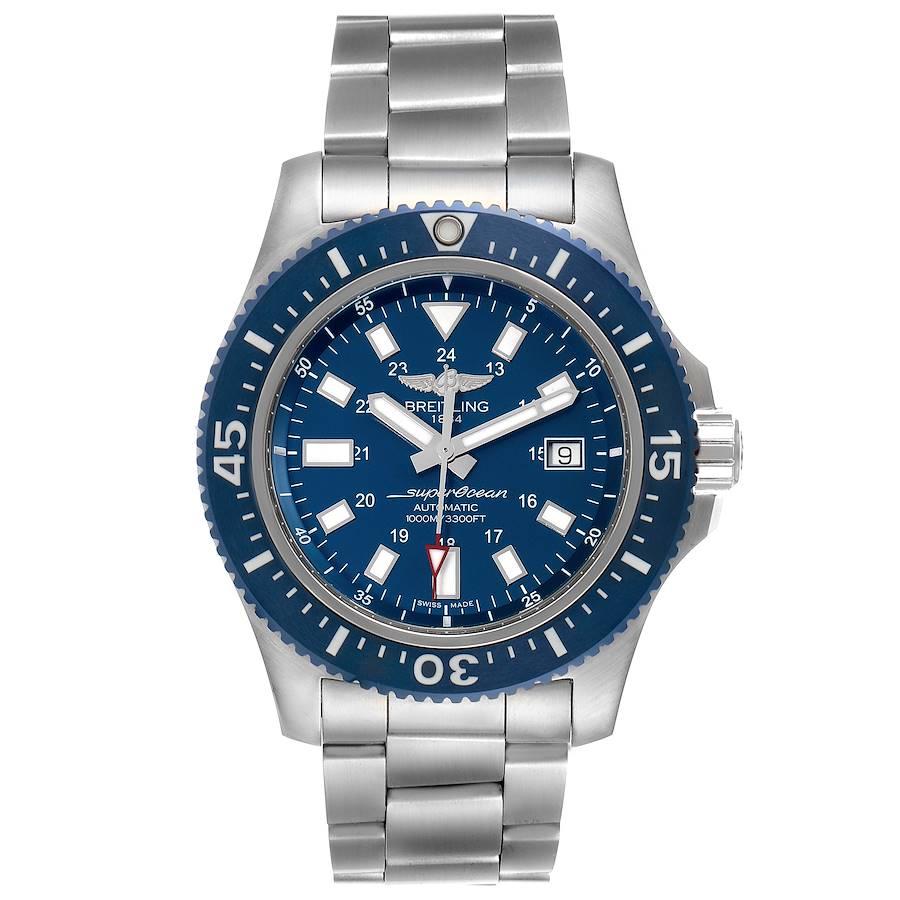 Breitling Aeromarine Superocean 44 Blue Dial Watch Y1739310 Box Papers. Automatics self-winding movement. Stainless steel case 44.0 mm in diameter. Stainless steel screwed-down crown and pushers. Blue ceramic unidirectional revolving bezel. 0-60