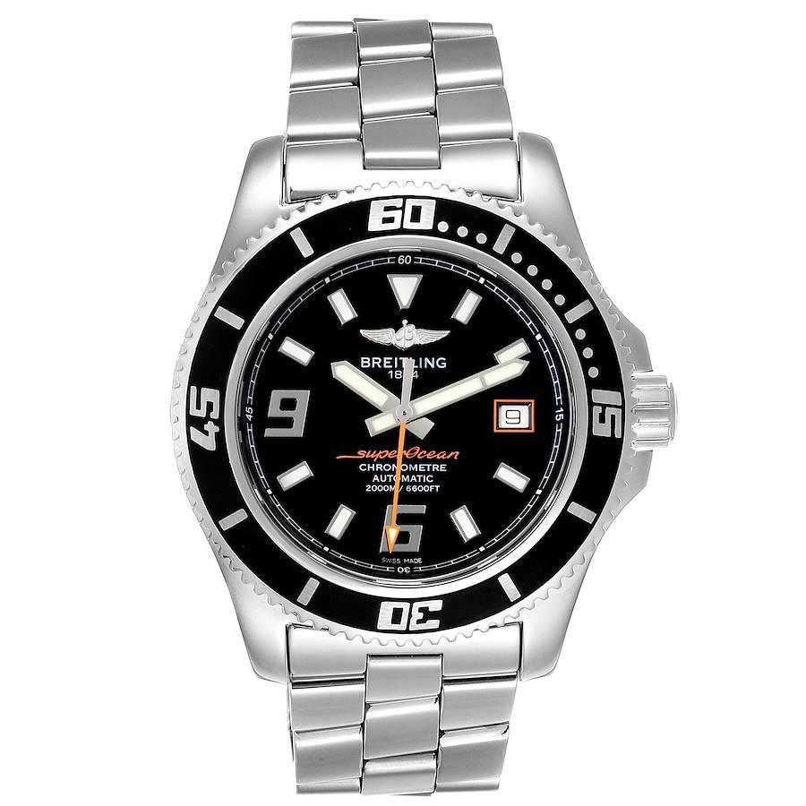 Breitling Aeromarine Superocean 44 Orange Hand Mens Watch A17391. Automatic self-winding movement. Stainless steel case 44.0 mm in diameter. Stainless steel screwed-down crown and pushers. Black ion-plated unidirectional revolving bezel. 0-60