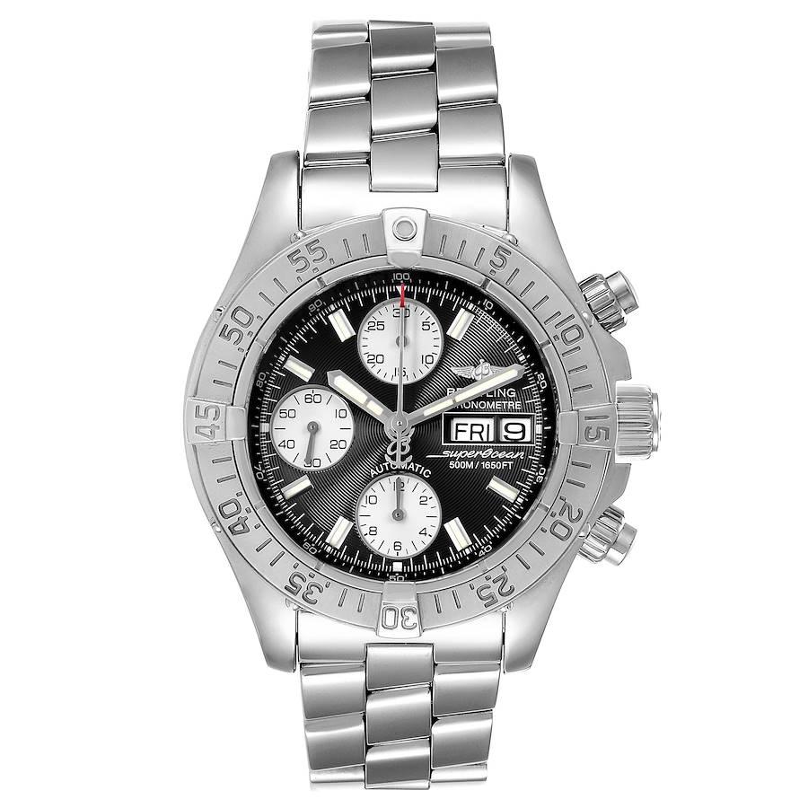 Breitling Aeromarine Superocean Black Dial Mens Watch A13340 Box Papers. Automatic self-winding chronograph movement. Stainless steel case 42.0 mm in diameter. Stainless steel screwed-down crown and pushers. Stainless steel unidirectional revolving