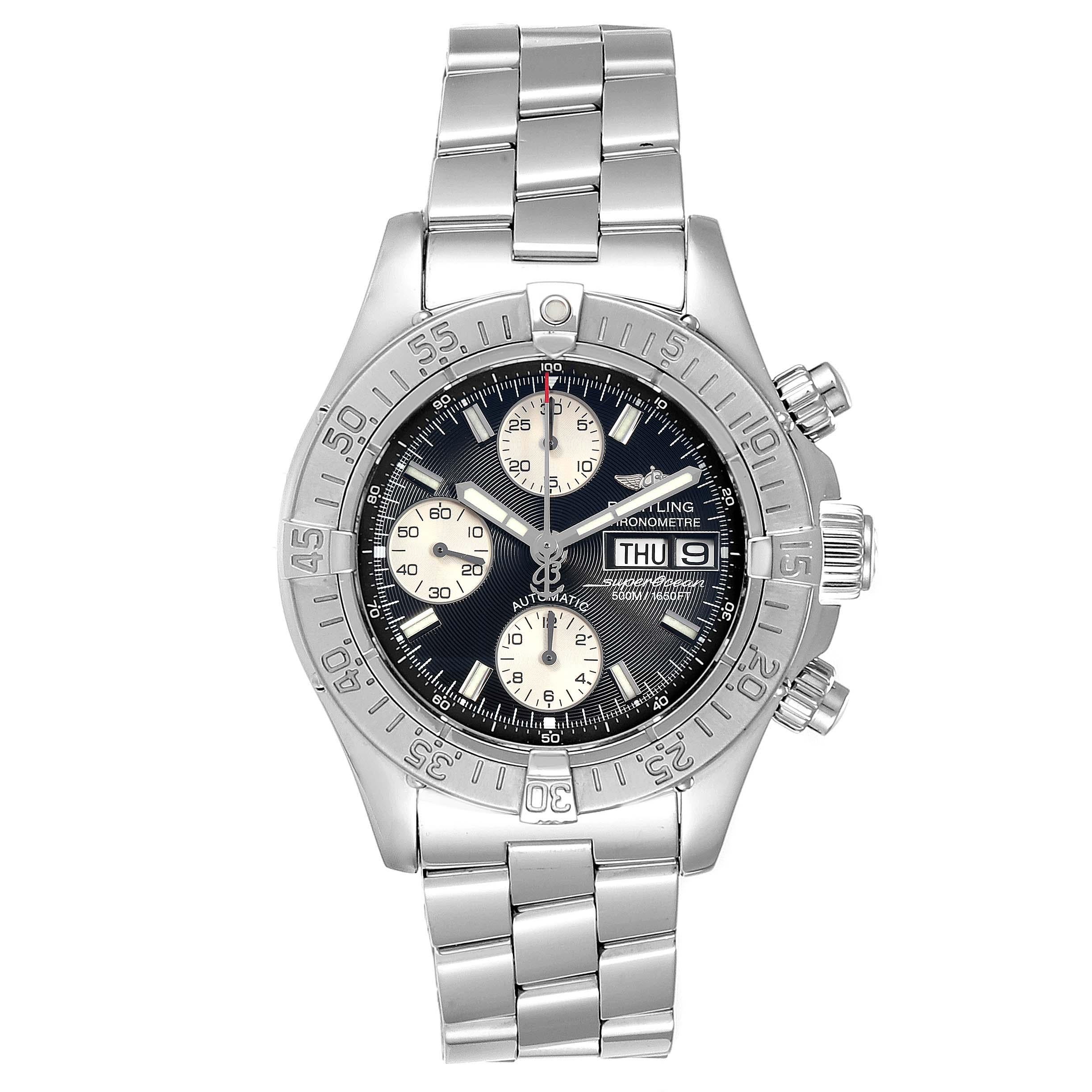 Breitling Aeromarine Superocean Chronograph Watch A13340 Box Papers. Authomatic self-winding movement. Stainless steel case 42.0 mm in diameter. Stainless steel screwed-down crown and pushers. Stainless steel unidirectional revolving bezel. 0-60
