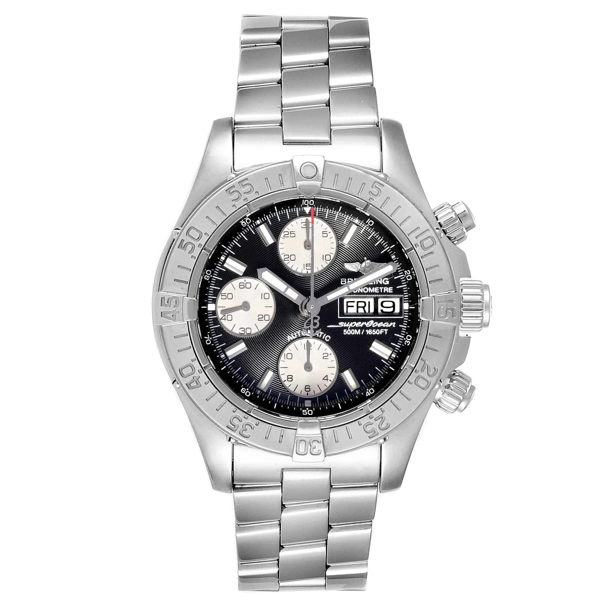 Breitling Aeromarine Superocean Chronograph Watch A13340 Box Papers. Authomatic self-winding movement. Stainless steel case 42.0 mm in diameter. Stainless steel screwed-down crown and pushers. Stainless steel unidirectional revolving bezel. 0-60