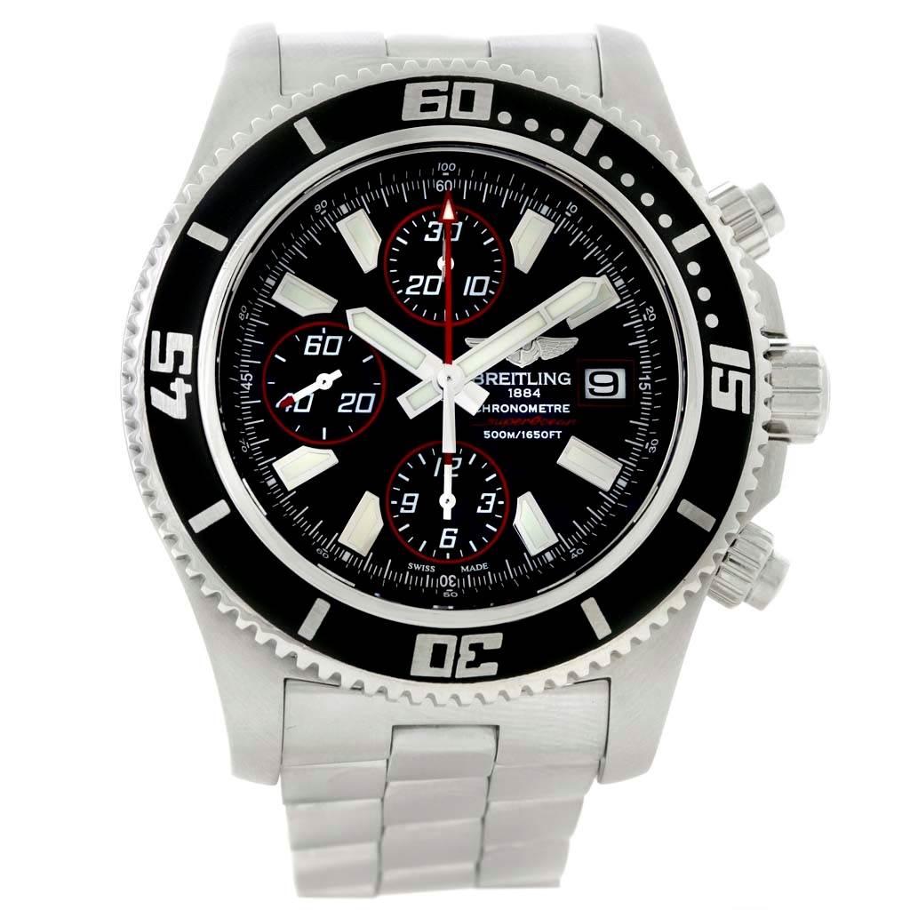 Breitling Aeromarine SuperOcean II Chronograph Watch A13341 Box Papers. Automatic self-winding movement. Stainless steel case 44.0 mm in diameter. Black unidirectional revolving bezel with black ion-plated top ring. Scratch resistant sapphire