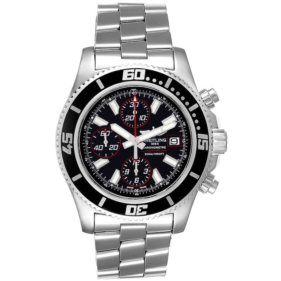 Breitling Aeromarine SuperOcean II Chronograph Watch A13341 Box Papers. Automatic self-winding chronograph movement. Stainless steel case 44.0 mm in diameter. Black unidirectional revolving bezel with black ion-plated top ring. Scratch resistant