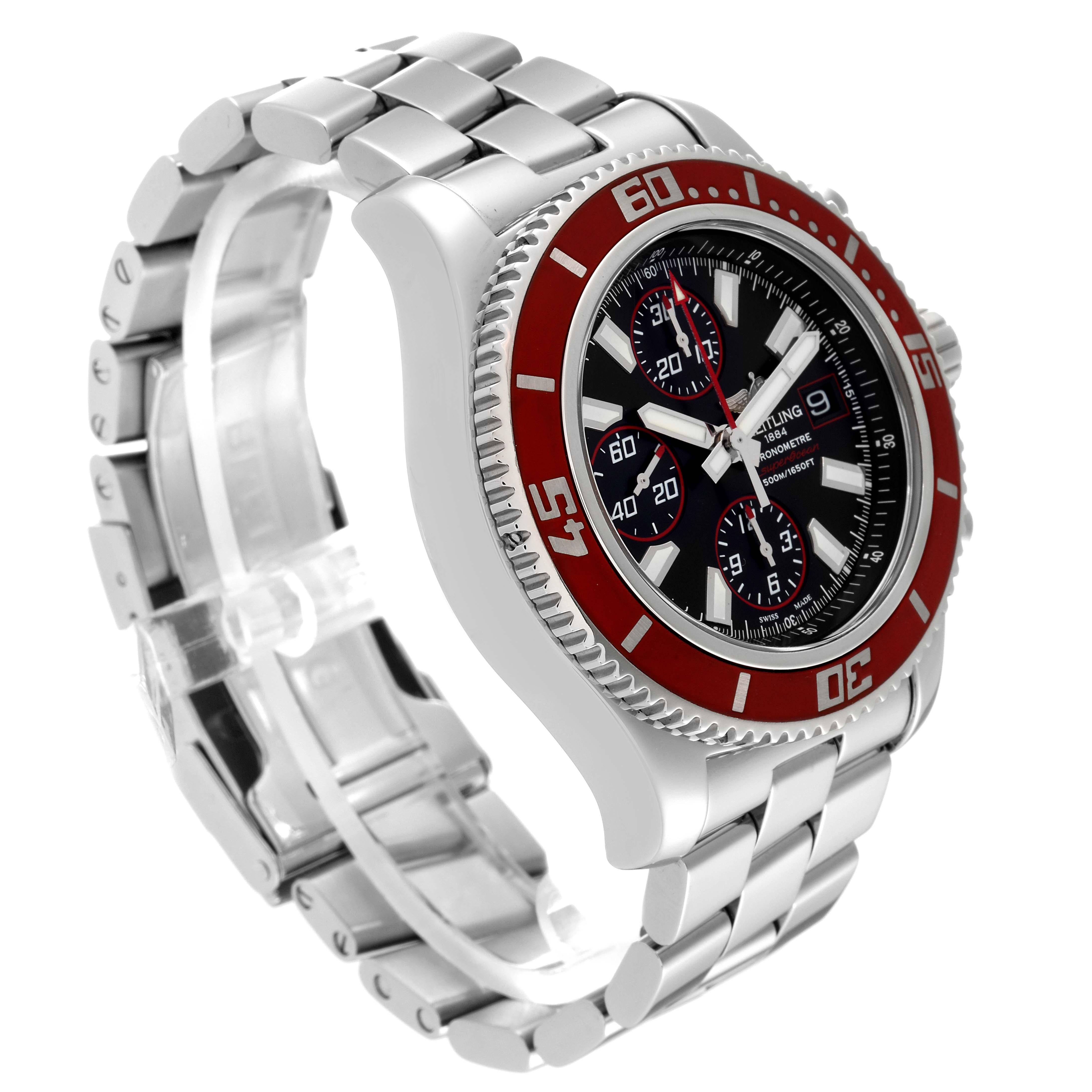Breitling Aeromarine SuperOcean II Red Bezel Limited Edition Mens Watch A13341. Automatic self-winding chronograph movement. Stainless steel case 44.0 mm in diameter. Unidirectional rotating bezel with red ion-plated top ring. Scratch resistant