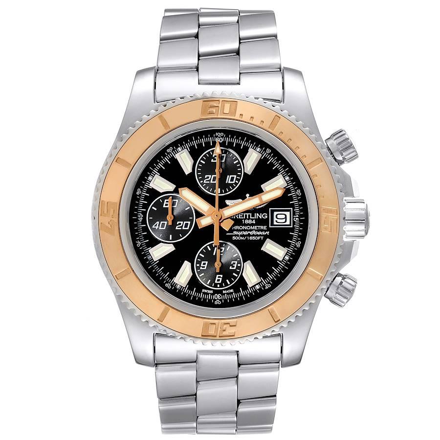 Breitling Aeromarine SuperOcean II Steel Rose Gold Watch C13341 Box Papers. Authomatic self-winding movement. Stainless steel case 44.0 mm in diameter. 18K rose gold revolving bezel. Scratch resistant sapphire crystal. Abyss black dial. Luminescent