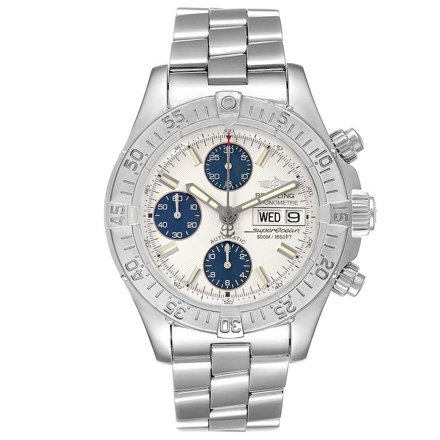 Breitling Aeromarine Superocean Silver Dial Mens Watch A13340 Box Papers. Automatic self-winding movement. Chronograph function. Stainless steel case 42 mm in diameter. Stainless steel screwed-down crown and pushers. Stainless steel unidirectional