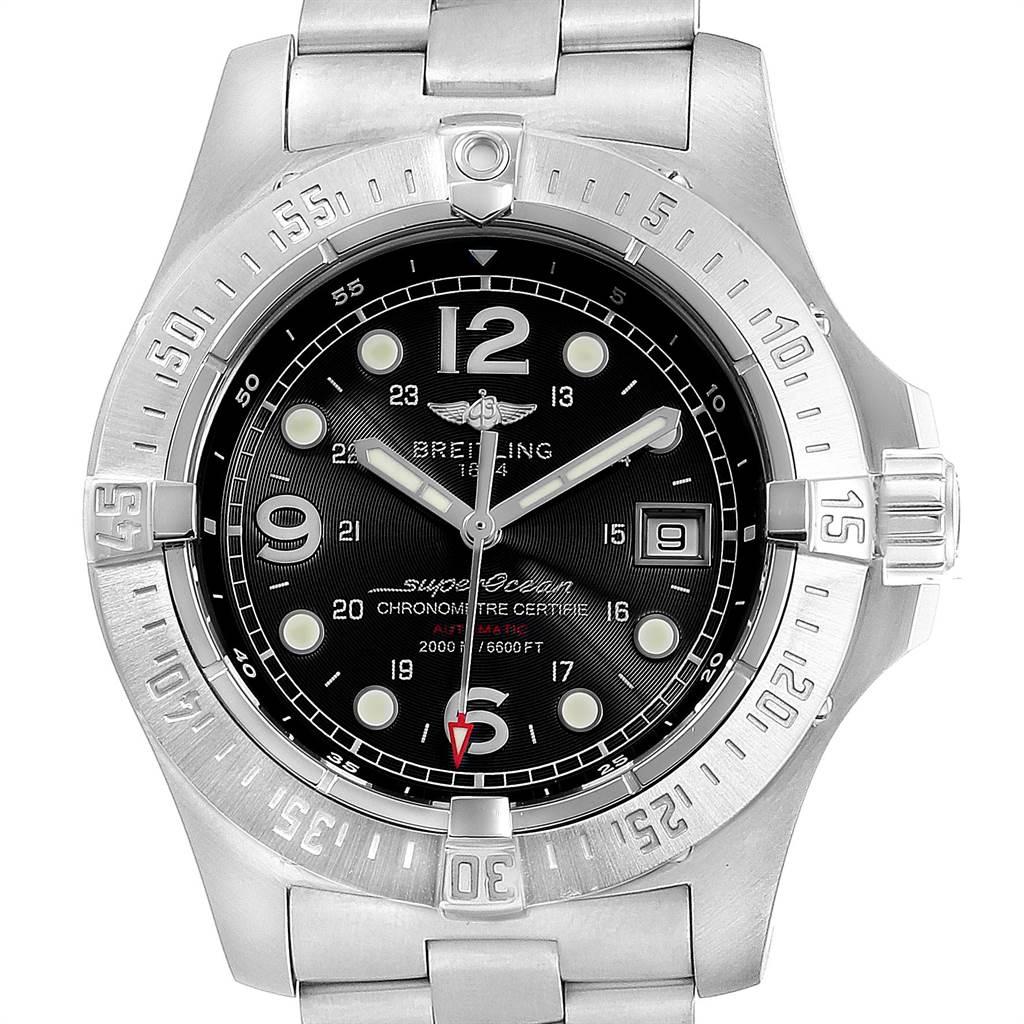 Breitling Aeromarine Superocean Steelfish Black Dial Mens Watch A17390. Authomatic self-winding movement. Stainless steel case 44 mm in diameter. Stainless steel screwed-down crown and pushers. Stainless steel unidirectional revolving bezel. 0-60