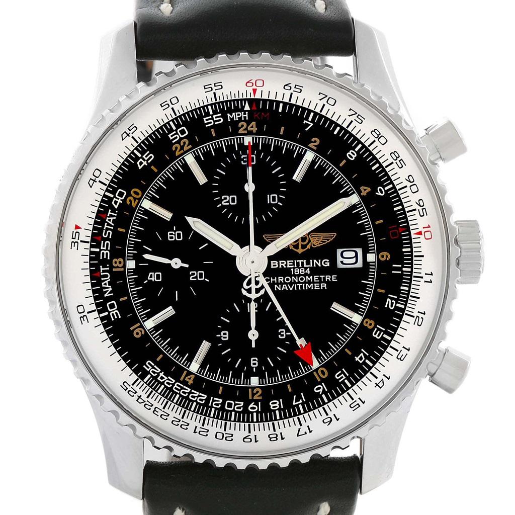 Breitling Navitimer World GMT Steel Black Dial Watch A24322 Papers. Self-winding automatic officially certified chronometer movement. Chronograph function. Stainless steel case 46 mm in diameter. Stainless steel screwed-down crown and pushers.