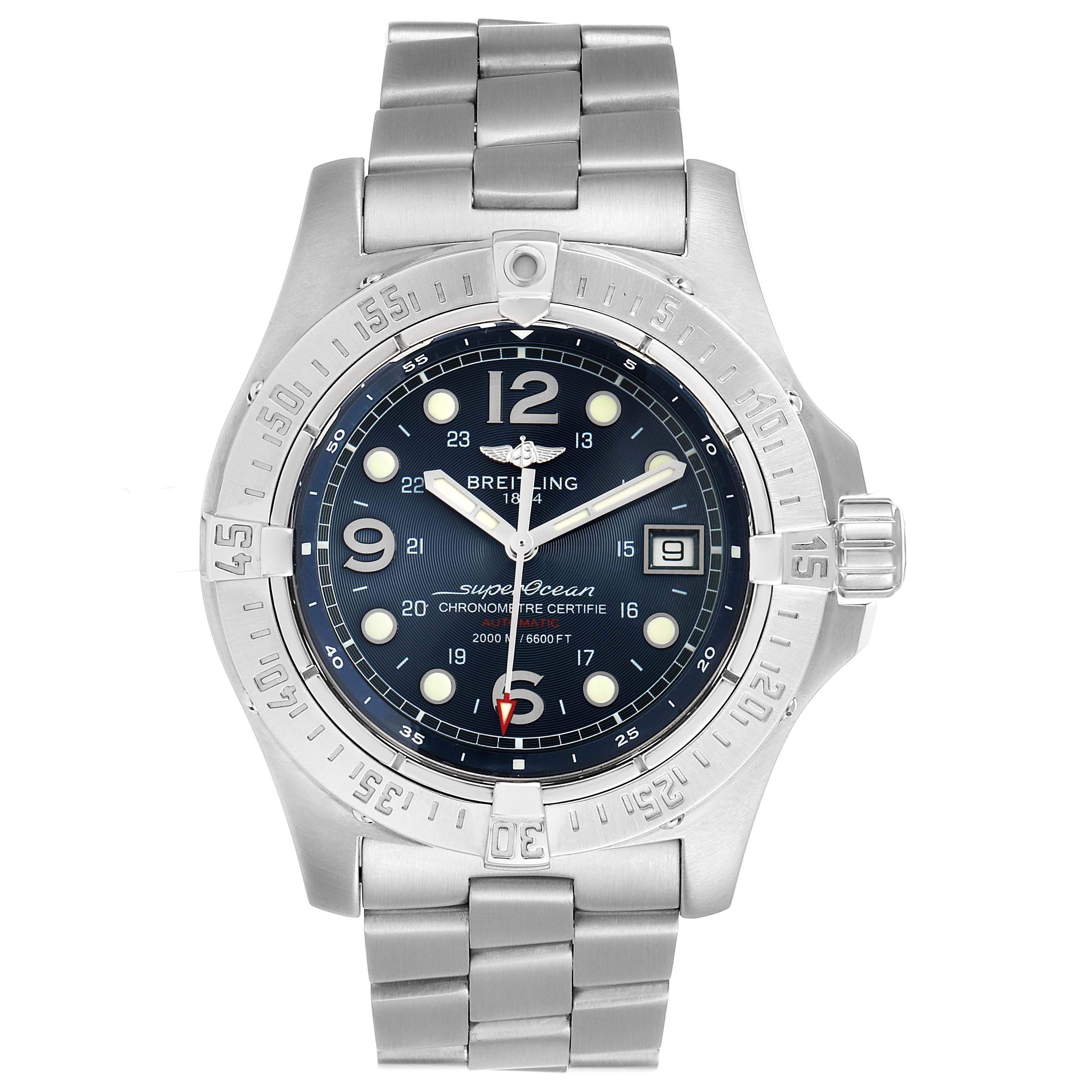 Breitling Aeromarine Superocean Steelfish Blue Dial Mens Watch A17390. Authomatic self-winding movement. Stainless steel case 44 mm in diameter. Stainless steel screwed-down crown and pushers. Stainless steel unidirectional revolving bezel. 0-60