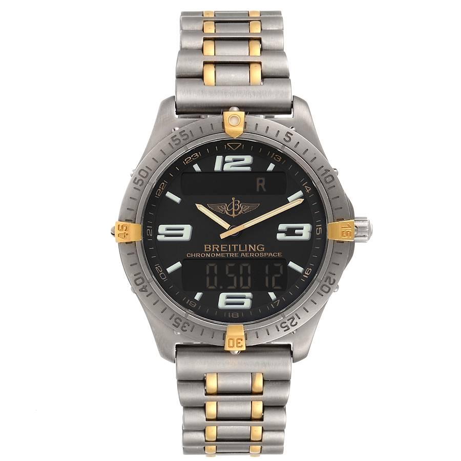 Breitling Aerospace Advantage Titanium Perpetual Alarm Watch F75362 Papers. Quartz movement. Perpetual calendar, chronograph, alarm, date, day, GMT, second time zone, hour, minute,  chronometer. Titanium case 40.0 mm in diameter. Breitling logo on a