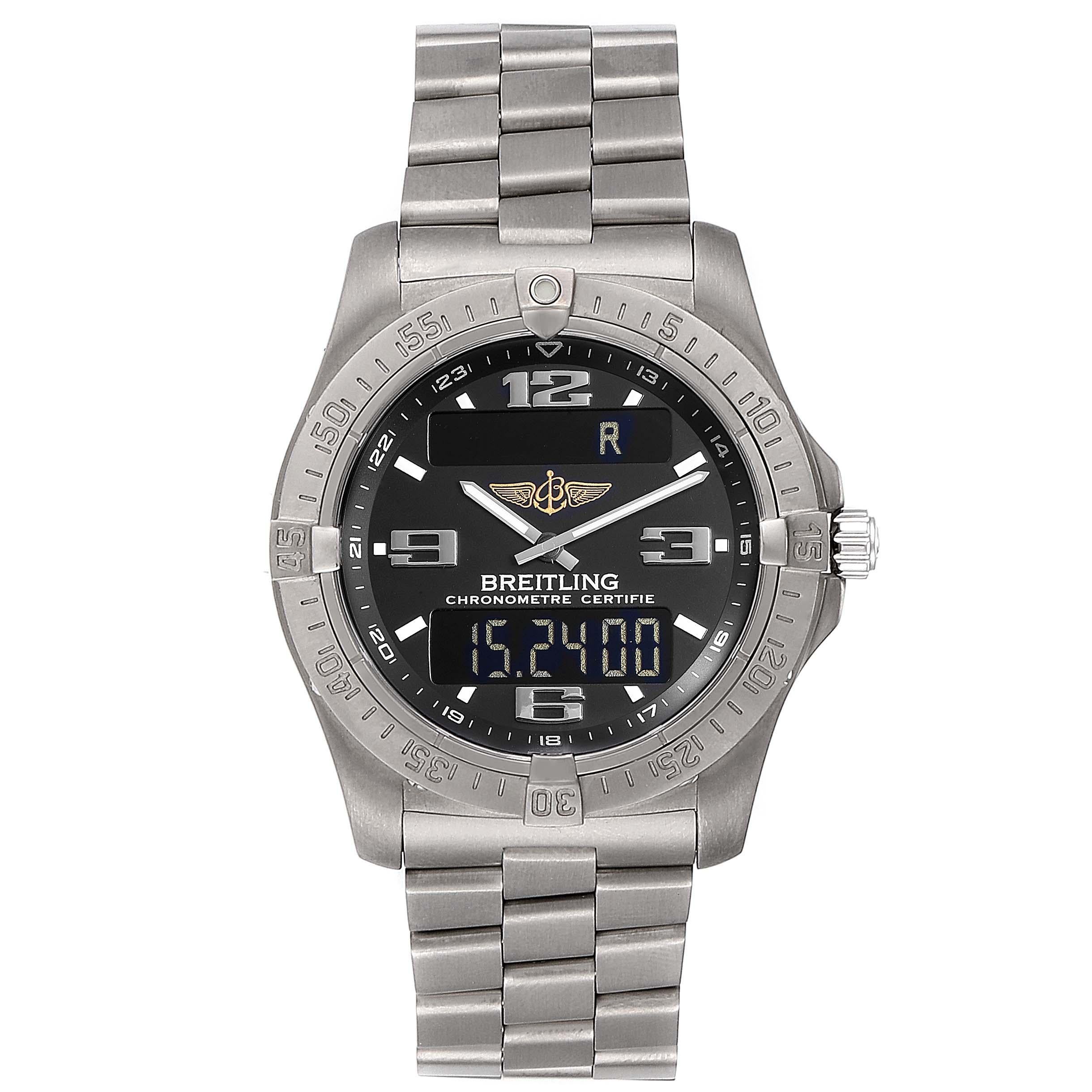 Breitling Aerospace Avantage Titanium Perpetual Alarm Watch E79362 Box Papers. Quartz movement. Perpetual calendar, chronograph, alarm, date, day, GMT, second time zone, hour, minute, second,