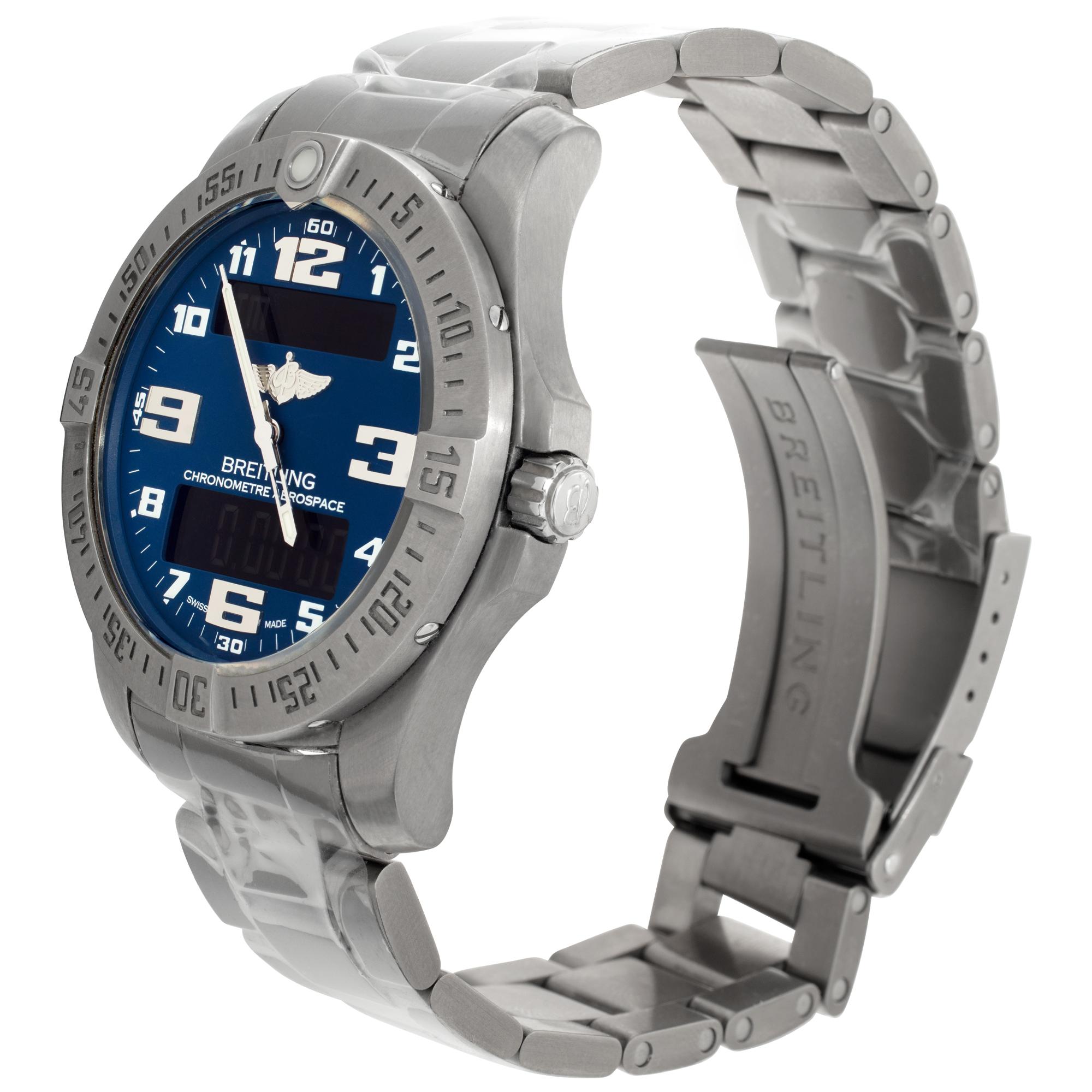 Breitling Aerospace in titanium. Quartz w/ multi function digital displays. 42 mm case size. With box. Ref e79363. Fine Pre-owned Breitling Watch. Certified preowned Sport Breitling Aerospace e79363 watch is made out of Titanium on a Titanium