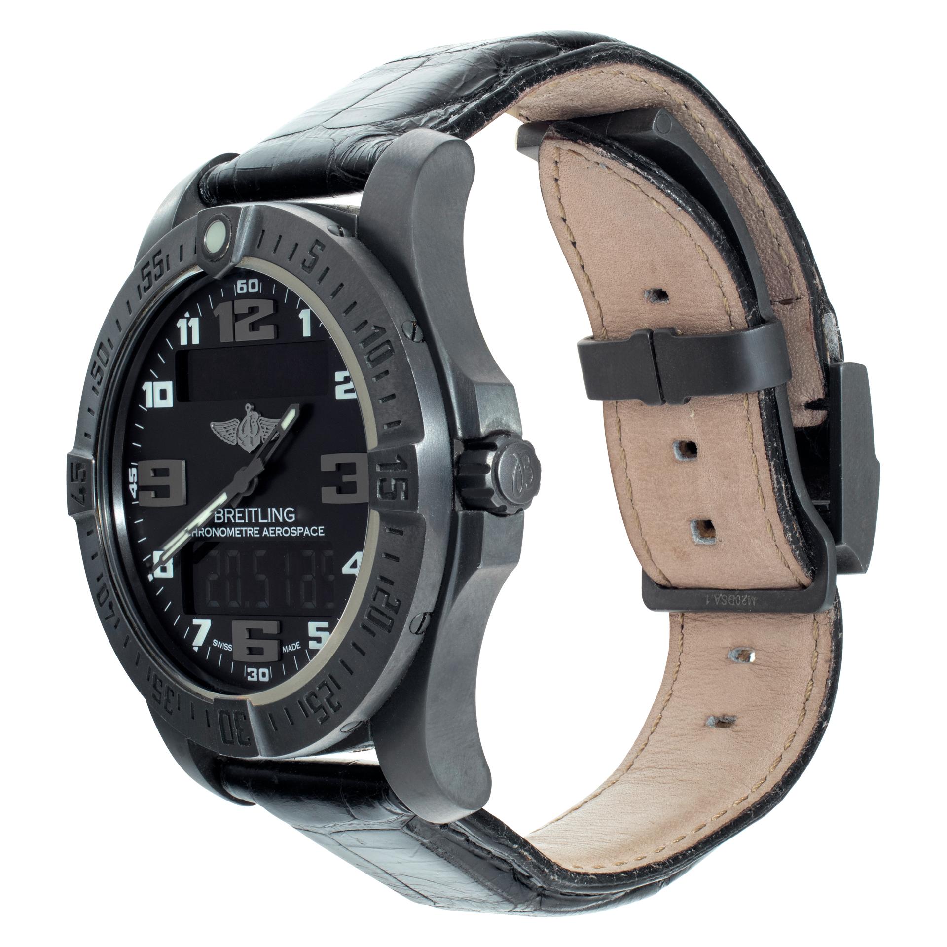 Breitling Aeropace Evo Night mission SuperQuartz in DLC coated titanium. Quartz. 44 mm case size. Ref V79363. Circa 2010s. Fine Pre-owned Breitling Watch.

 Certified preowned Dress Breitling Aerospace V79363 watch is made out of Titanium on a Black