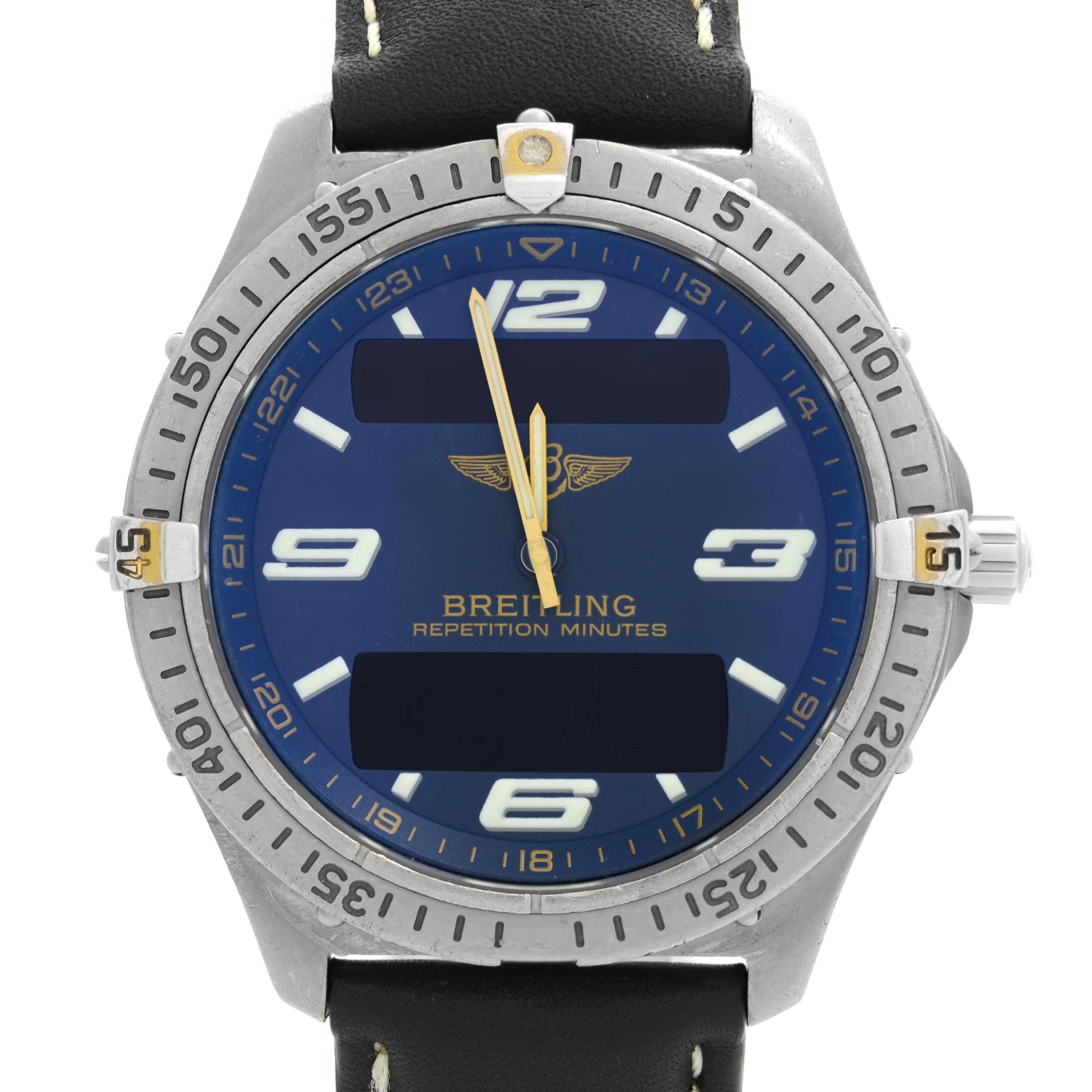 Pre-owned Vintage Breitling Aerospace Titanium Blue Dial Quartz Digital Analog Men's Watch F65062. The Watch Has an Aftermarket Band. The Watch Case and Bezel Show Multiple Significant Dents and dings. The Number 30 cross rider Marker is Missing on