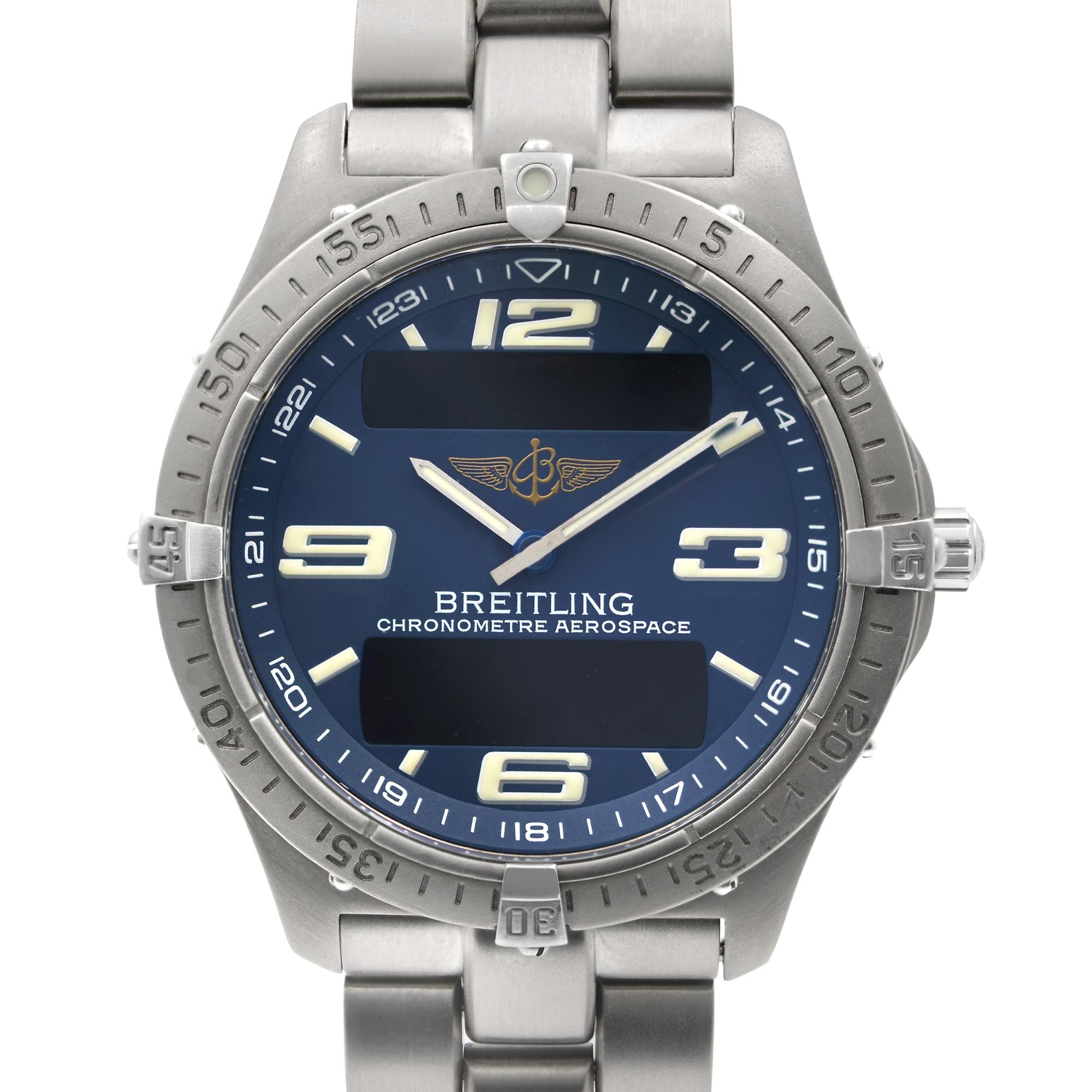 Pre-owned Breitling Aerospace Titanium Blue Dial Quartz Men's Watch. The Watch Bezel Shows Minor Dents and Scratches as Seen in the Pictures. No Original Box and Papers are Included. Comes with Chronostore Presentation Box and Authenticity Card.