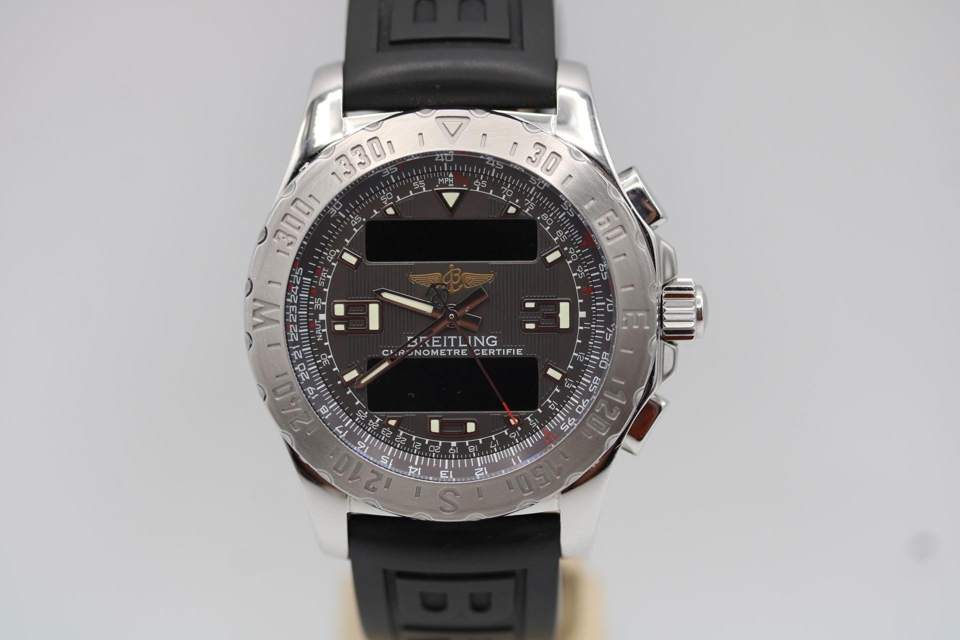 Breitling Airwolf A78363, just back from a polish and offered for sale with all its original box and papers.

This Breitling Airwolf A78363, features a 44mm stainless steel case, bi-directional rotating bezel, digital and analogue grey dial with a