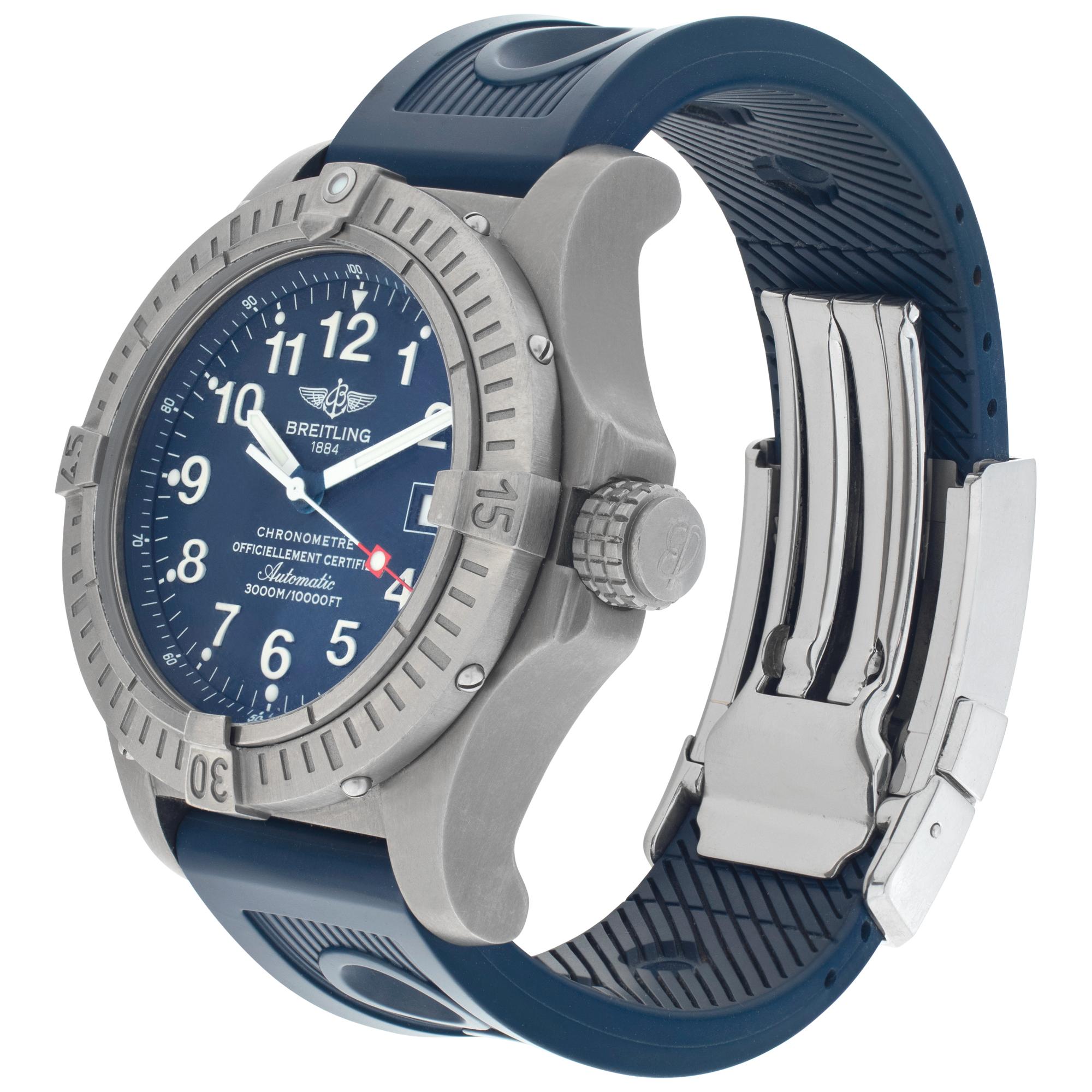 Breitling  Avenger Seawolf in titanium on blue rubber band with stainless steel deployment buckle. Auto w/ sweep seconds and date. 42 mm case size. Ref e17370. Circa 2010s. Fine Pre-owned Breitling Watch. Certified preowned Sport Breitling Avenger