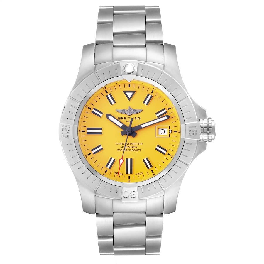 Breitling Avenger 45 Seawolf Yellow Dial Steel Mens Watch A17319 Box Card. Automatic self-winding movement. Stainless steel case 45 mm in diameter. Signed screw-down crown. Stainless steel unidirectional rotating bezel. 0-60 elapsed-time. Four 15