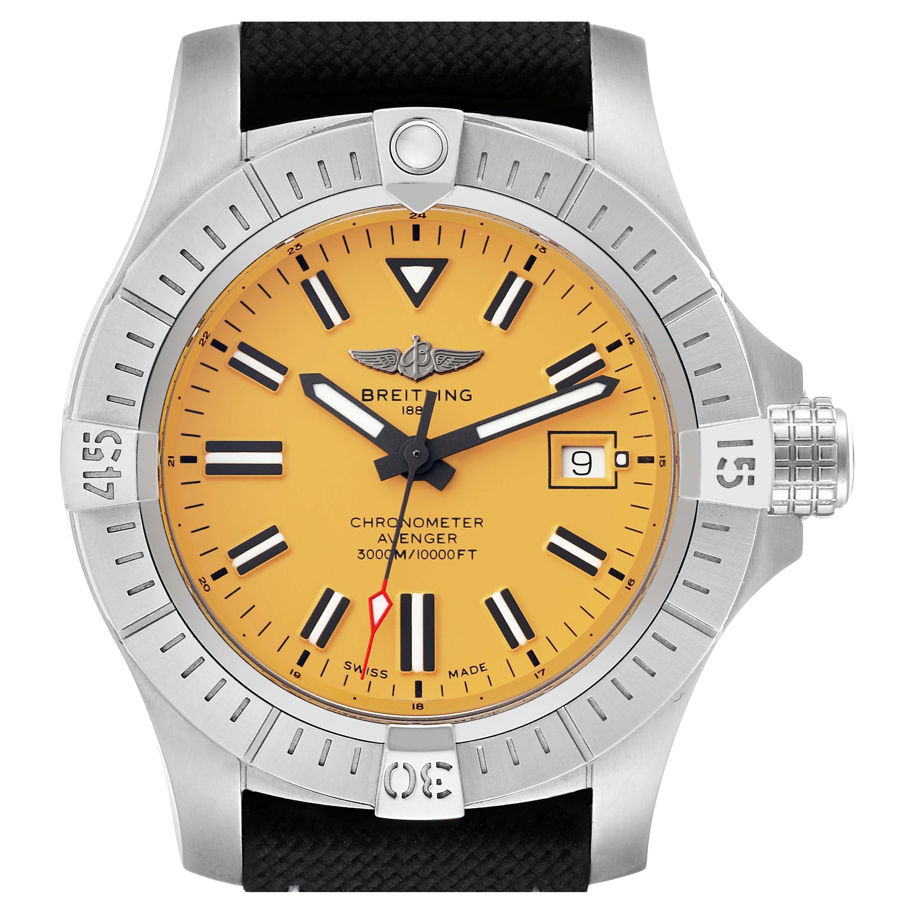 Breitling Avenger 45 Seawolf Yellow Dial Steel Mens Watch A17319 Box Card