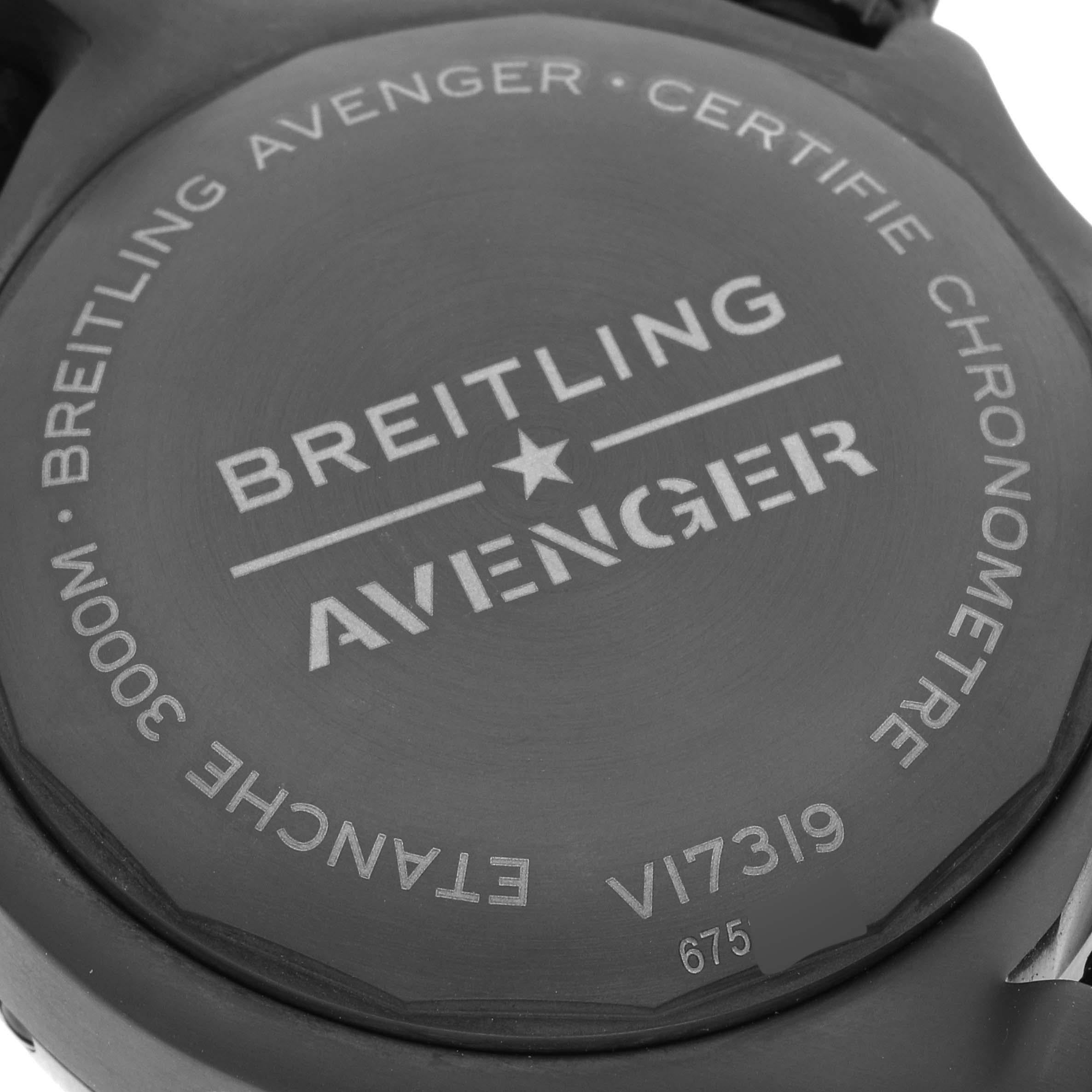 Breitling Avenger Automatic 45 Seawolf Night Mission Titanium Mens Watch V17319 Unworn. Automatic self winding movement. Black DLC-coated titanium case 45.0 mm in diameter. Case thickness: 18.3 mm. Black DLC-coated stainless steel unidirectional