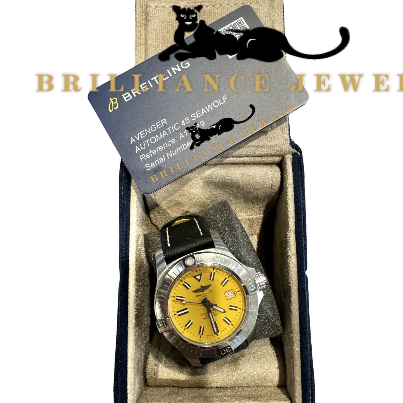 Brand: Breitling
Model Name: Avengers
Reference: A17319
Case Size: 45 mm
Case Thickness: 18.39 mm
Case Material: Stainless Steel
Dial Color: Yellow
Bezel: Uni-Directional Rotating
Water Resistance: 3000m/10000ft
Bracelet Material: Calfskin