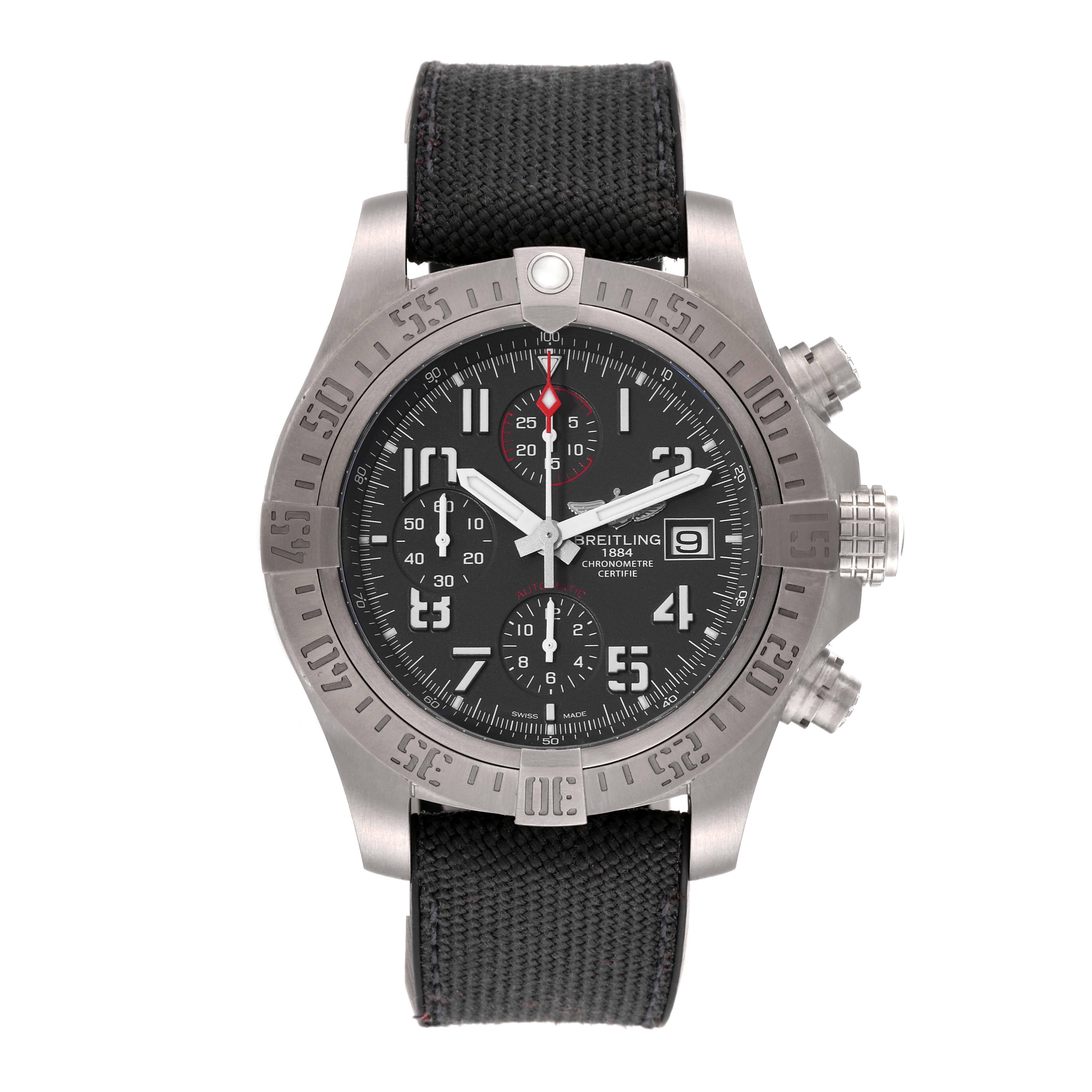 Breitling Avenger Bandit Chronograph Grey Dial Titanium Mens Watch E13383. Automatic self-winding movement. Chronograph function. Titanium case 45 mm in diameter with pushers and screwed-down crown. Titanium unidirectional rotating bezel. 0-60