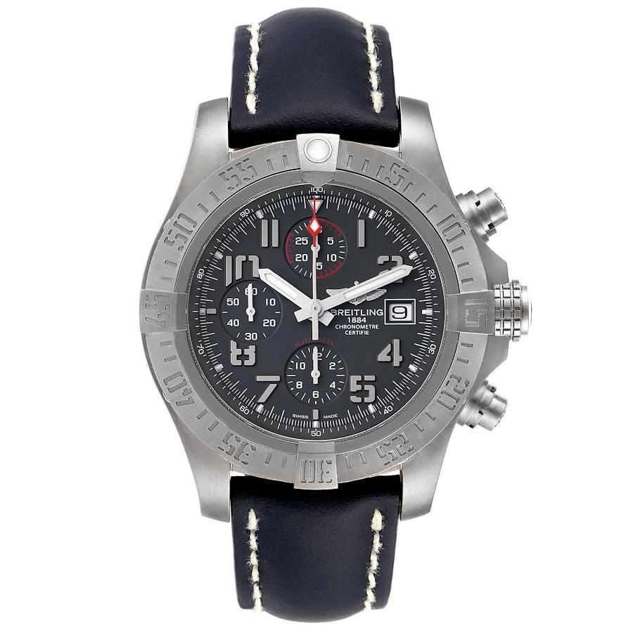 Breitling Avenger Bandit Grey Dial Blue Stap Titanium Watch E13383 Box Papers. Automatic self-winding movement. Chronograph function. Titanium case 45 mm in diameter with screwed-down crown and pushers. Titanium unidirectional rotating bezel. 0-60