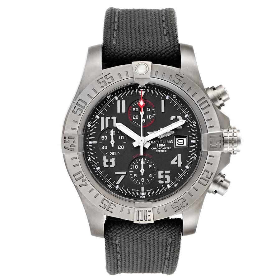 Breitling Avenger Bandit Grey Dial Green Stap Titanium Watch E13383 Box Papers. Automatic self-winding movement. Chronograph function. Titanium case 45 mm in diameter with screwed-down crown and pushers. Titanium unidirectional rotating bezel. 0-60
