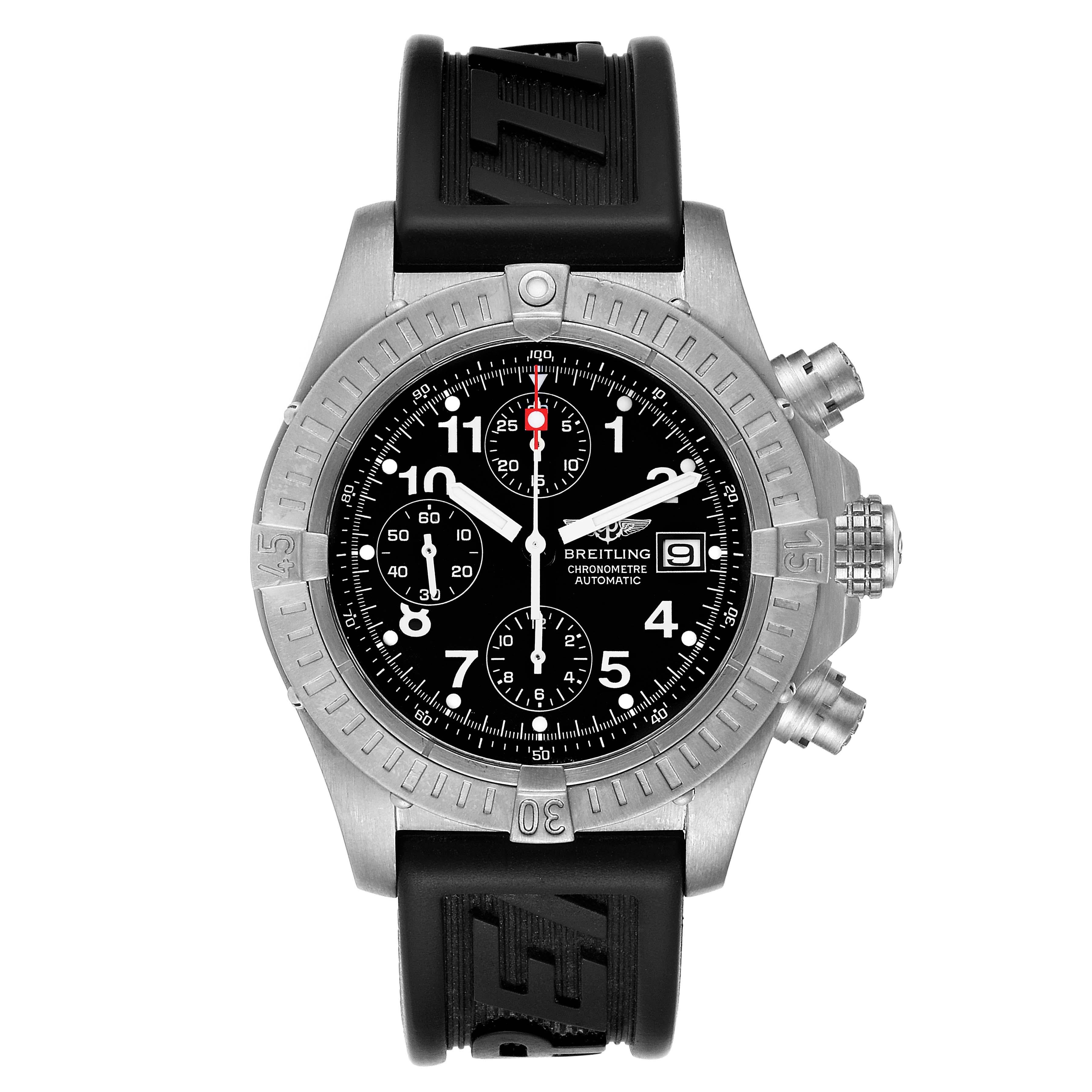 Breitling Avenger Black Dial Chronograph Titanium Watch E13360 Box. Automatic self-winding movement. Chronograph function. Titanium case 44 mm in diameter. Titanium unidirectional rotating bezel. 0-60 elapsed-time. Four 15 minute markers. Scratch