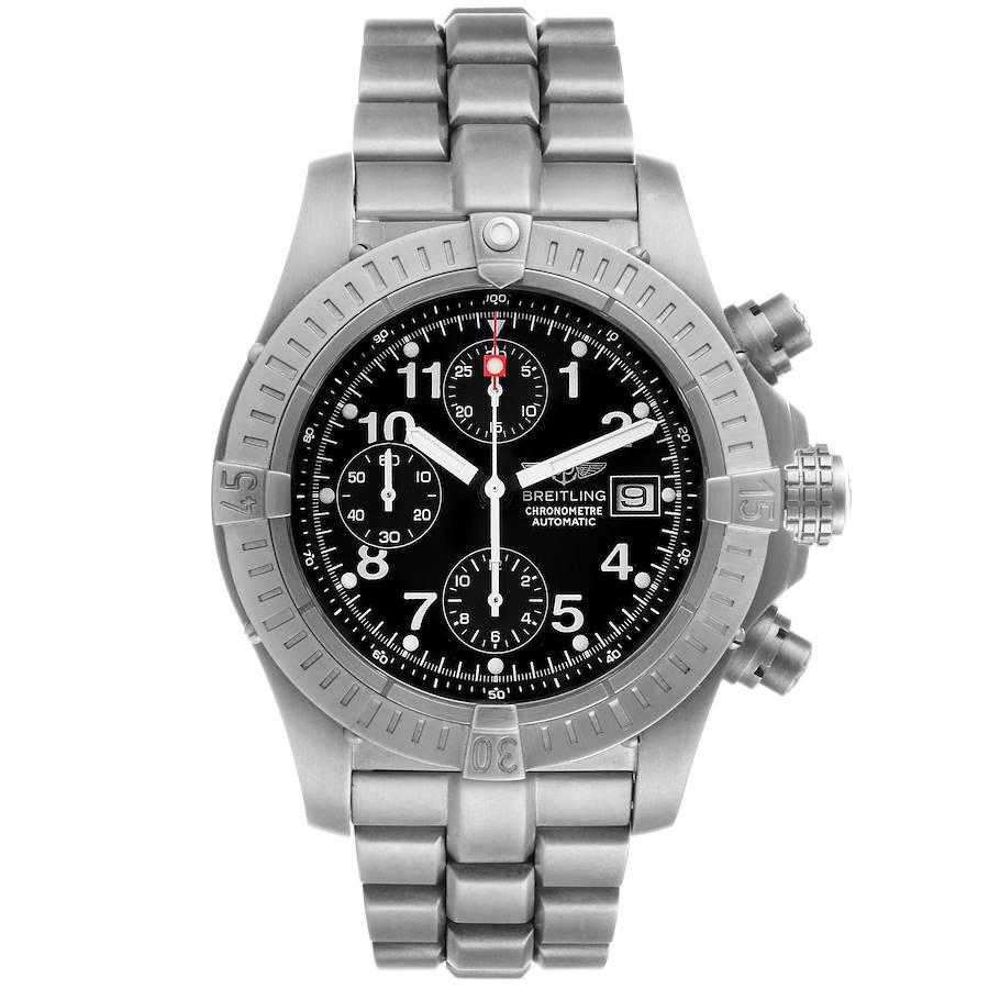 Breitling Avenger Black Dial Chronograph Titanium Watch E13360. Automatic self-winding movement. Chronograph function. Titanium case 44 mm in diameter. Titanium unidirectional rotating bezel. 0-60 elapsed-time. Four 15 minute markers. Scratch