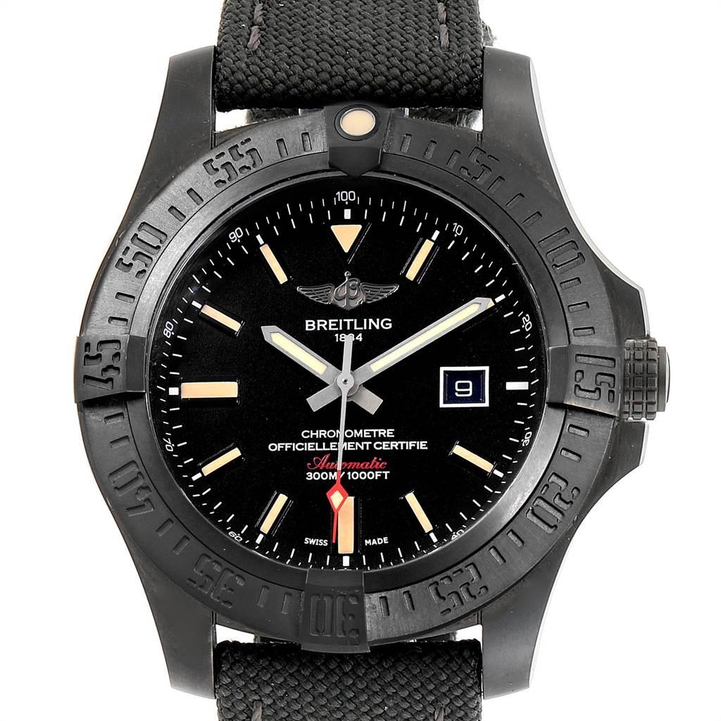 Breitling Avenger Blackbird 48 Titanium Canvas Strap Mens Watch V17310. Automatic self-winding movement. Titanium case with carbon-based black finish 48.0 mm in diameter. Black titanium bezel with engraved Arabic numerals and indexes markings.