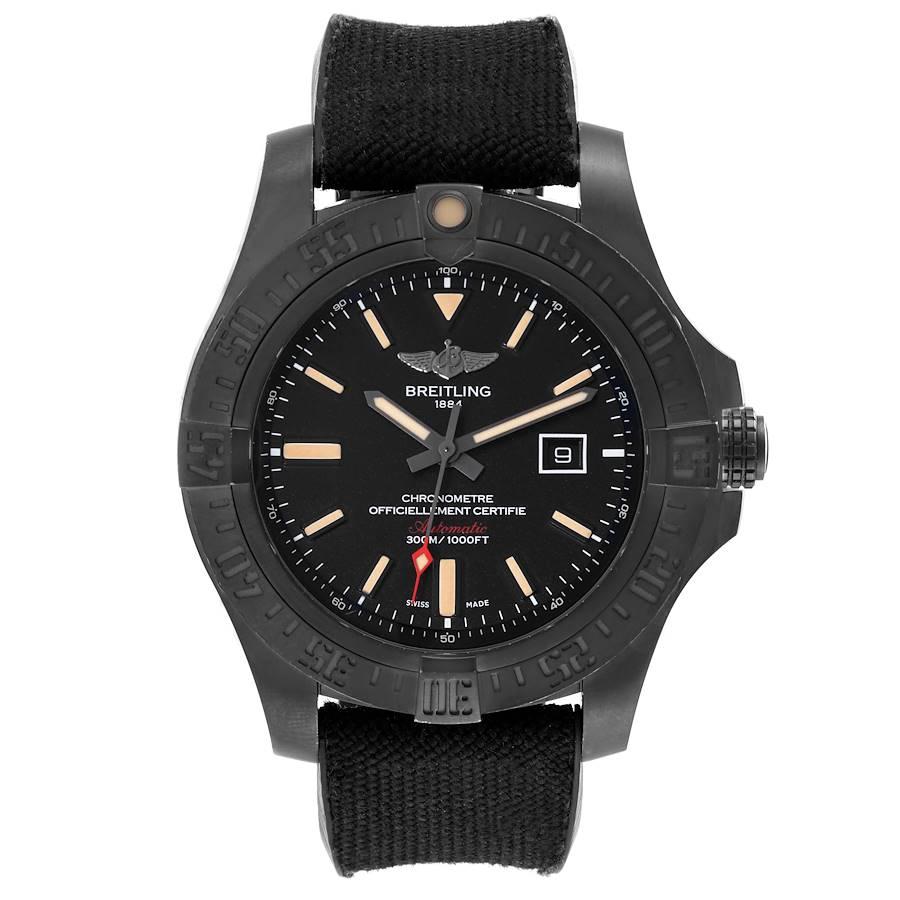 Breitling Avenger Blackbird 48 Titanium DLC Mens Watch V17310 Box Card. Automatic self-winding movement. Titanium case with carbon-based black DLC finish, 48.0 mm in diameter. Black titanium bezel with engraved Arabic numerals and index markings.