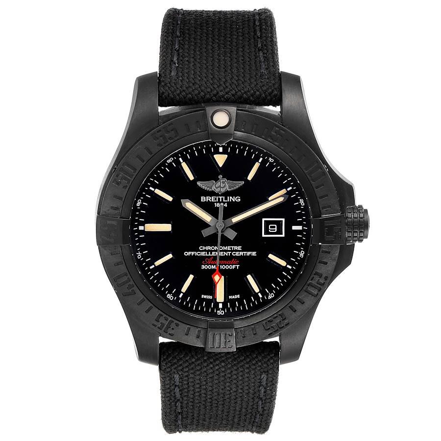 Breitling Avenger Blackbird 48 Titanium Mens Watch V17310 Box Paper. Automatic self-winding movement. Titanium case with carbon-based black finish 48.0 mm in diameter. Black titanium bezel with engraved Arabic numerals and indexes markings. Scratch