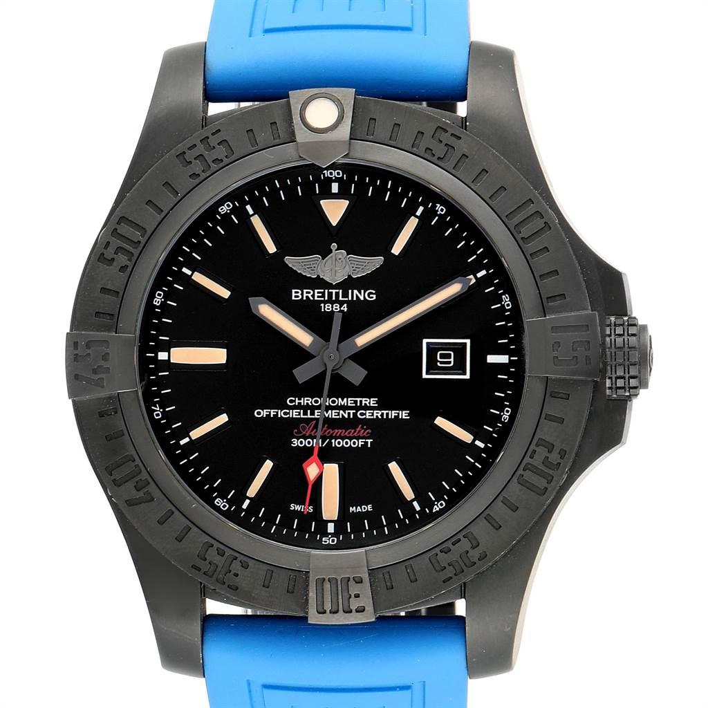 Breitling Avenger Blackbird 48 Titanium Rubber Strap Mens Watch V17310. Automatic self-winding movement. Titanium case with carbon-based black finish 48.0 mm in diameter. Black titanium bezel with engraved Arabic numerals and indexes markings.