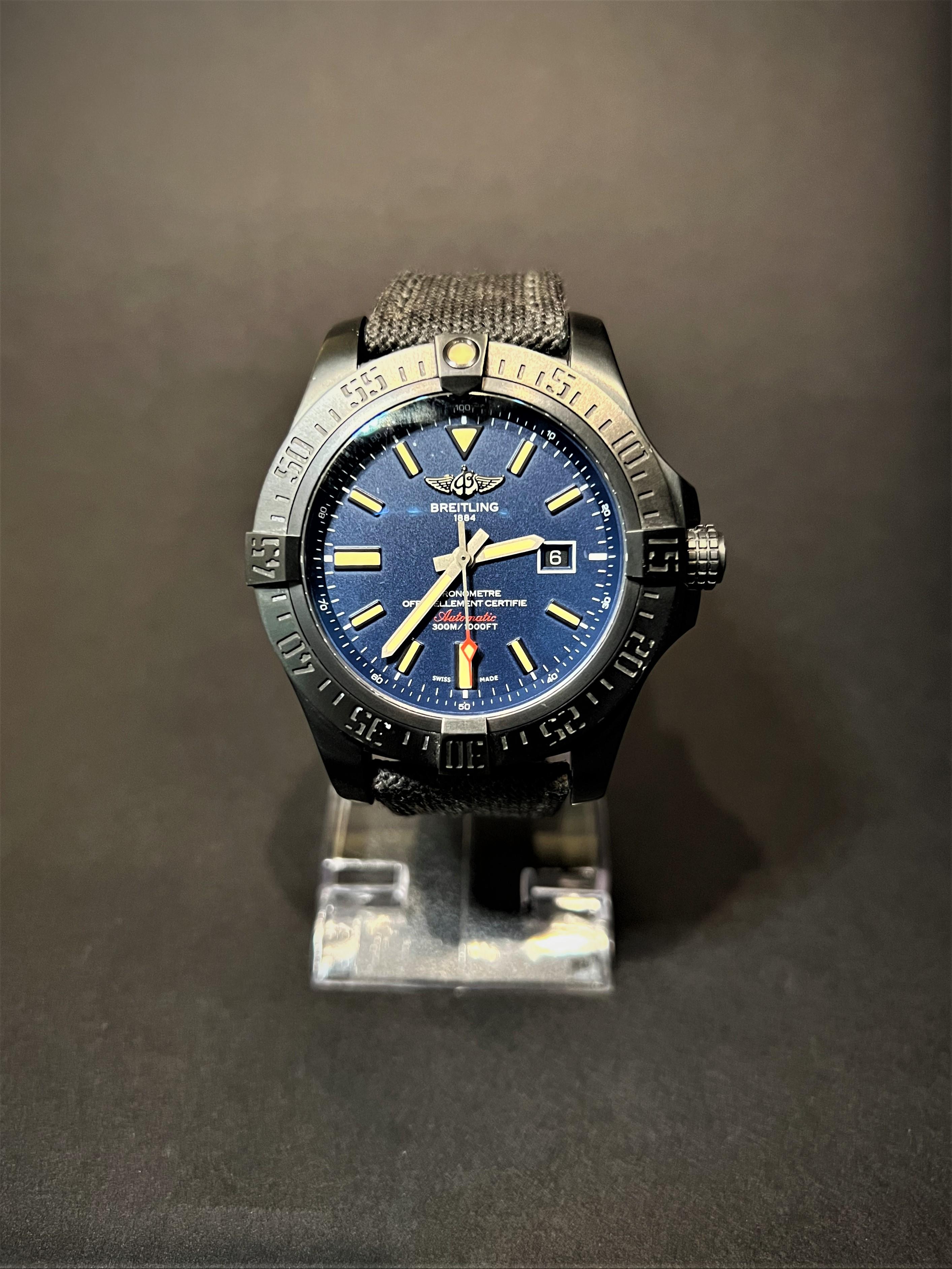 Brand: Breitling
Type: Wristwatch
Model Name: Avenger Blackbird
Model Number: VI7310
Serial Number: 381XXX
Lug to Lug (mm): 54
Case to Case (mm): 43.5
Bezel Material: Titanium
Case Material: Titanium
Caseback Material: Titanium
Movement: Automatic,