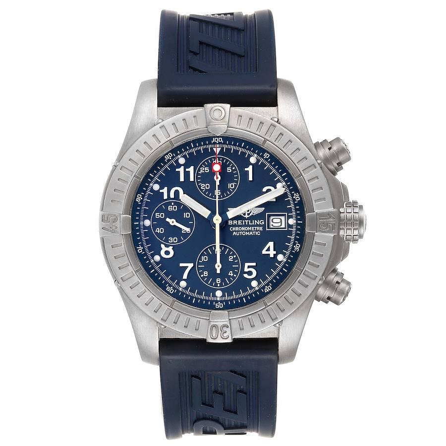 Breitling Avenger Blue Dial Chronograph Titanium Watch E13360. Automatic self-winding movement. Chronograph function. Titanium case 44 mm in diameter. Titanium unidirectional rotating bezel. 0-60 elapsed-time. Four 15 minute markers. Scratch