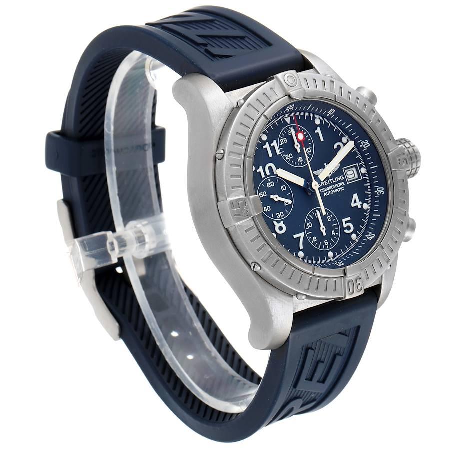Breitling Avenger Blue Dial Chronograph Titanium Watch E13360 In Excellent Condition For Sale In Atlanta, GA
