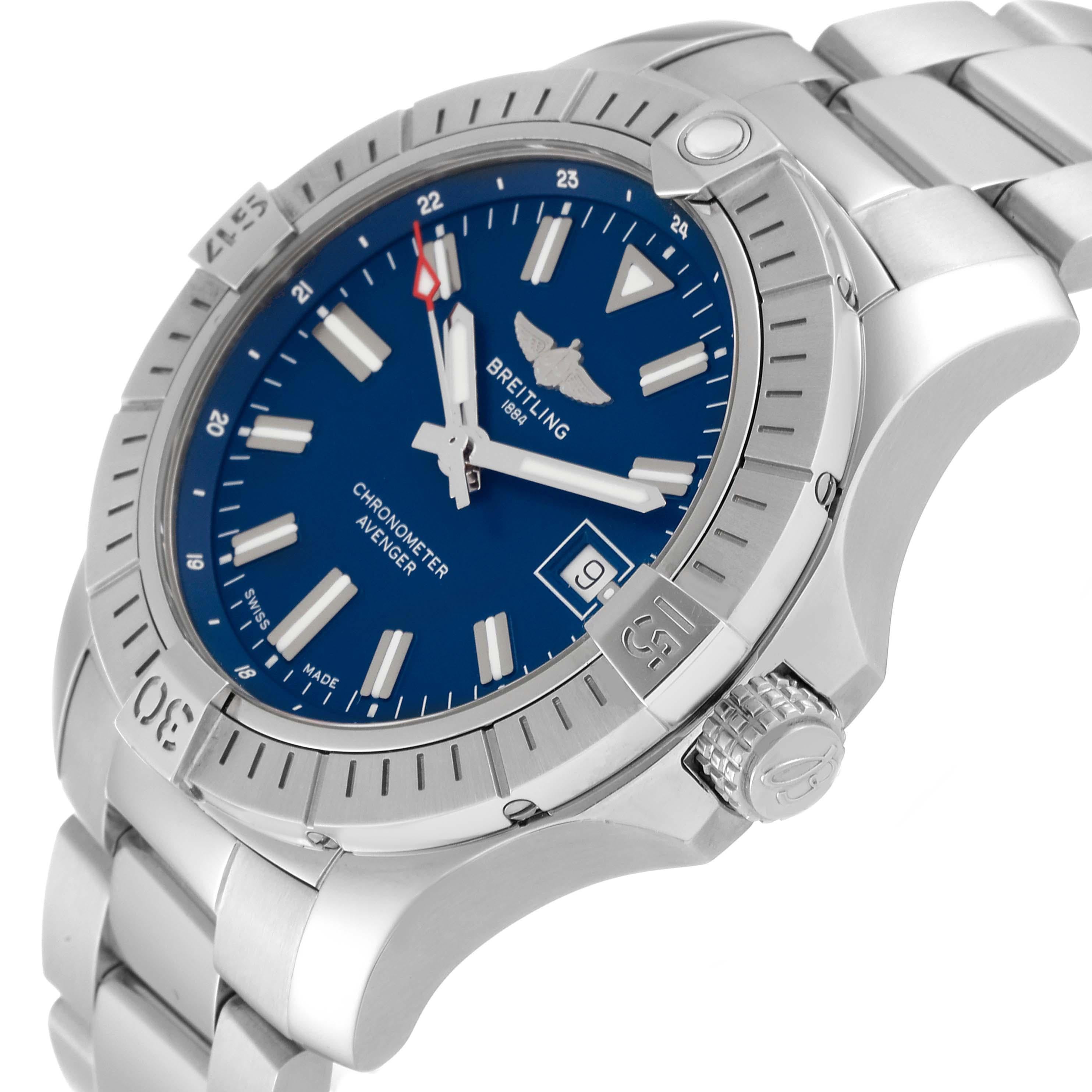 Breitling Avenger Blue Dial Stainless Steel Mens Watch A17318 Box Card For Sale 1