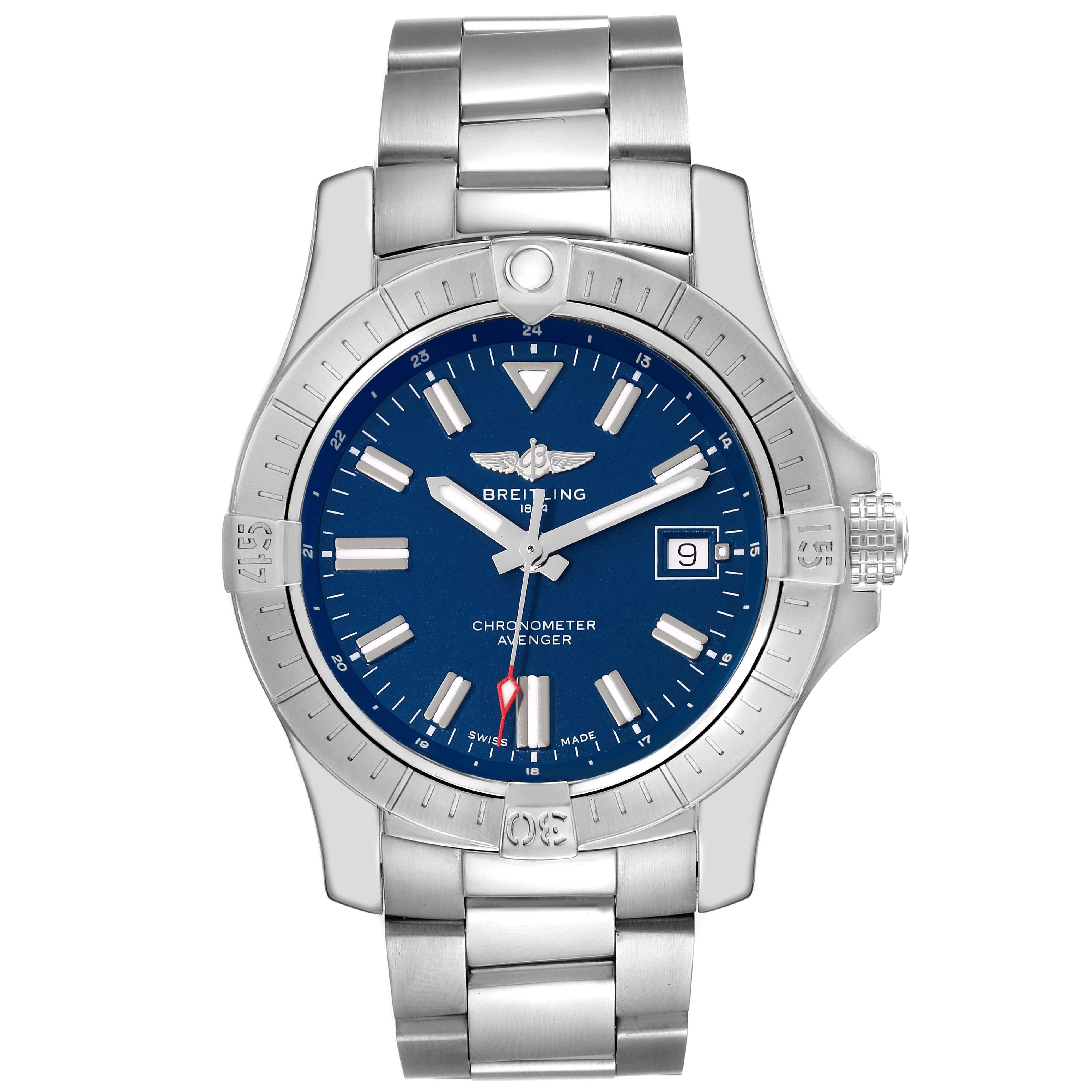 Breitling Avenger Blue Dial Stainless Steel Mens Watch A17318 Box Card For Sale 2