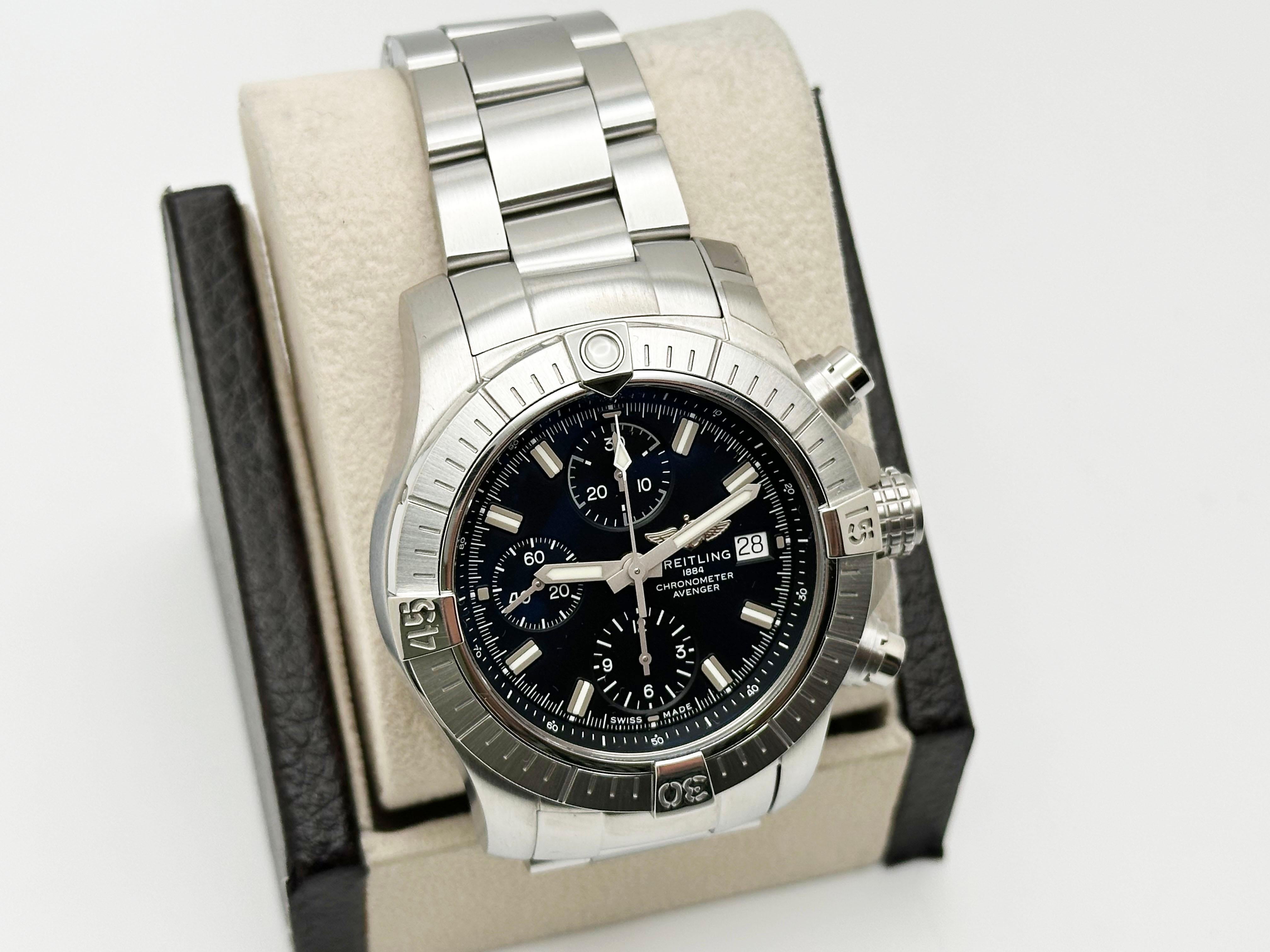 Breitling Avenger Chronograph 43 A13385 Stainless Steel Box Paper In Excellent Condition For Sale In San Diego, CA