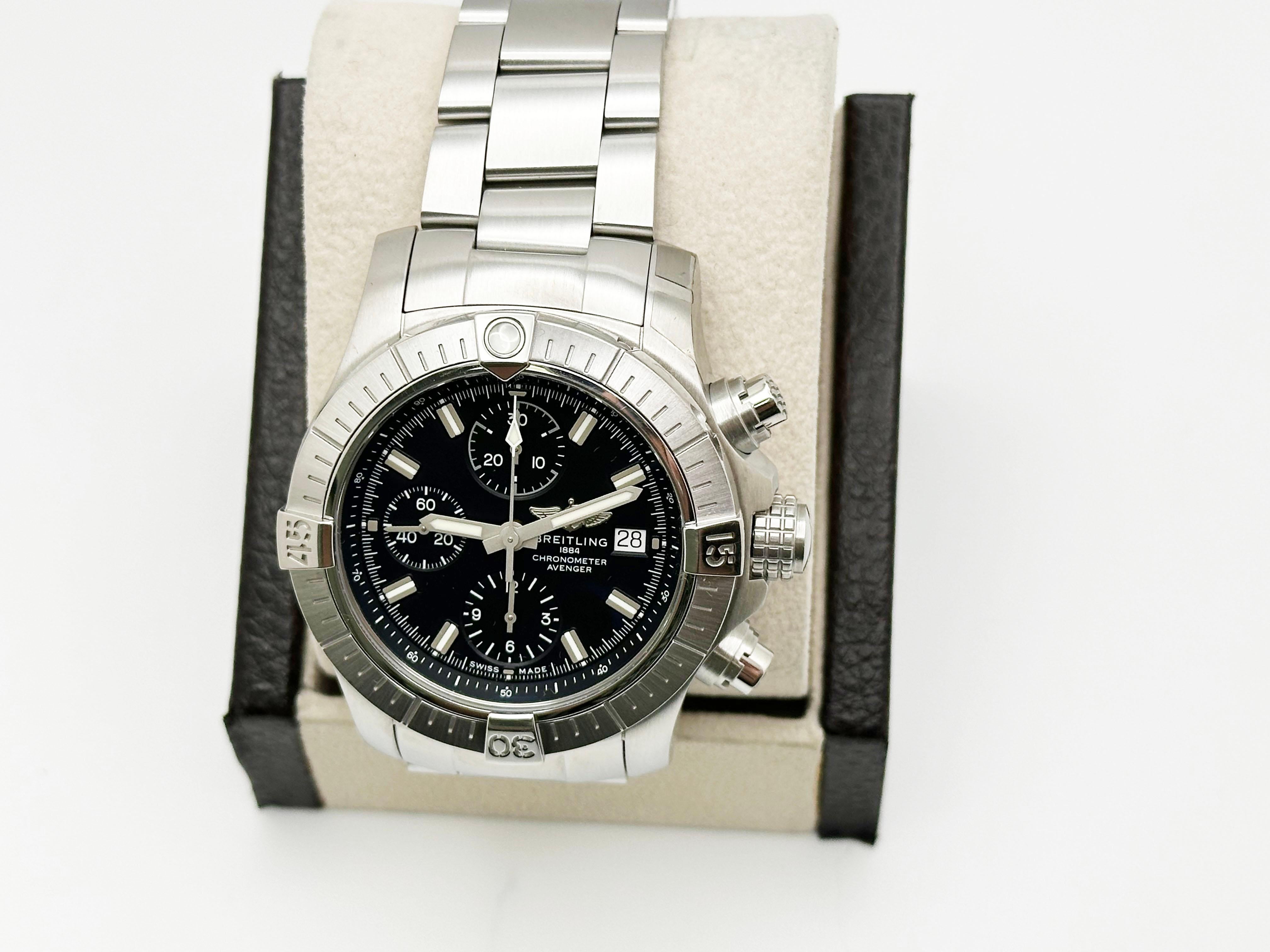 Men's Breitling Avenger Chronograph 43 A13385 Stainless Steel Box Paper For Sale